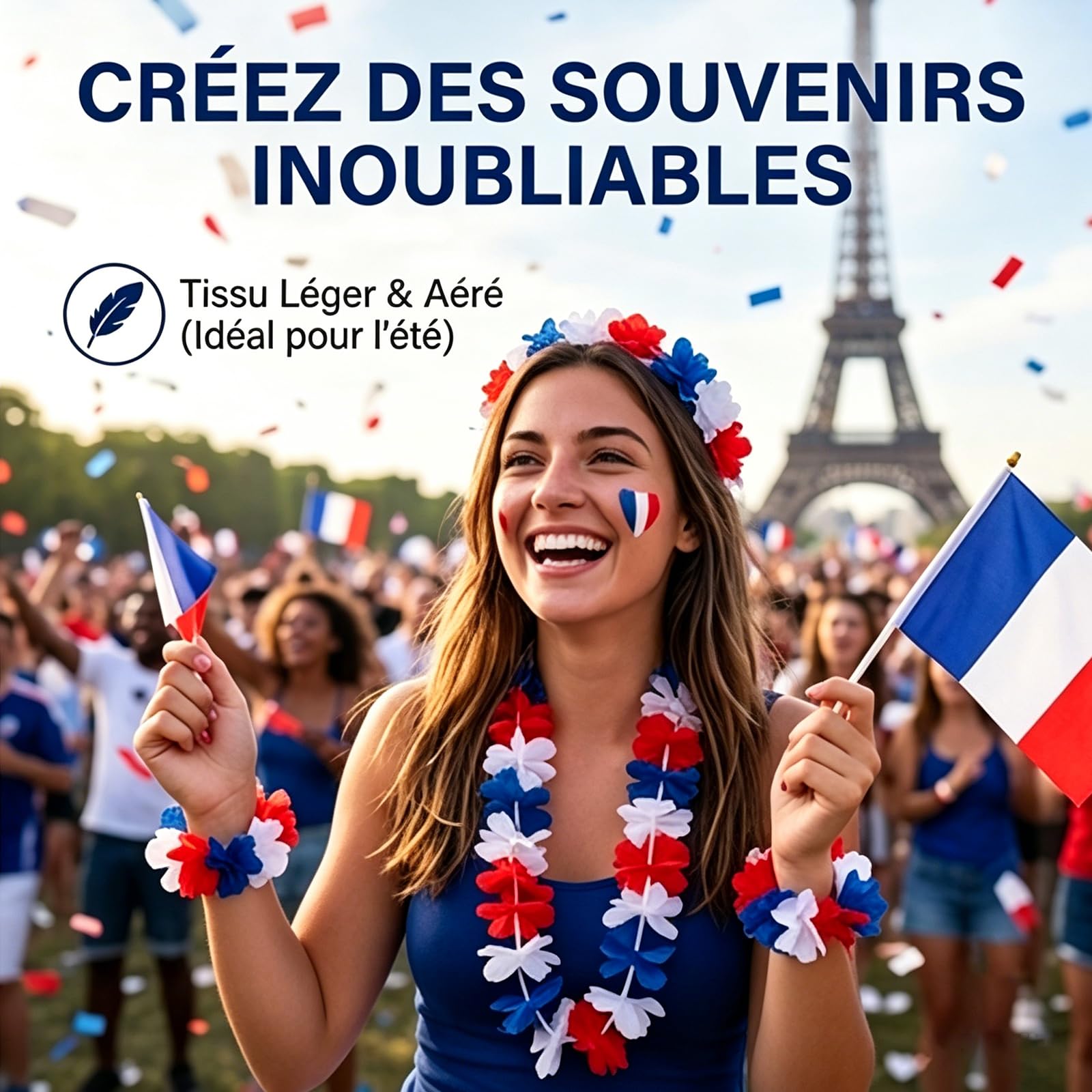 9 Pièces Supporter Equipe de France, 1 Collier Hawaï Supporter + 1 Sifflet Rouge + 4 Autocollants Visages + 2 Bracelets + 1 Cheveux pour Coupe du Monde l'Euro Football, Accessoire Supporters France
