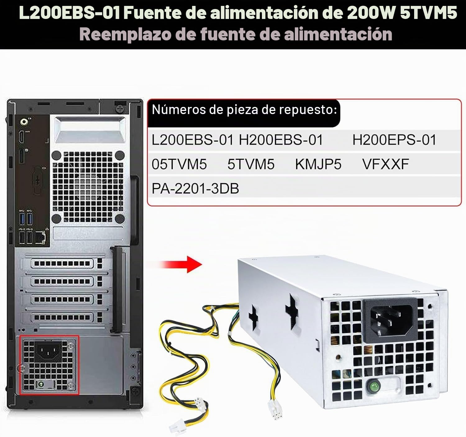 Fuente de alimentación mejorada L200EBS-01 200W repuesto 5TVM5 compatible con Dell OptiPlex 3060, 3050, 3050M, 7050, 7060, 3080, 5080, 7080MT, Dell Inspiron 3470, H200EBS-01, VFXXF, PA- 2201-3DB K92TW