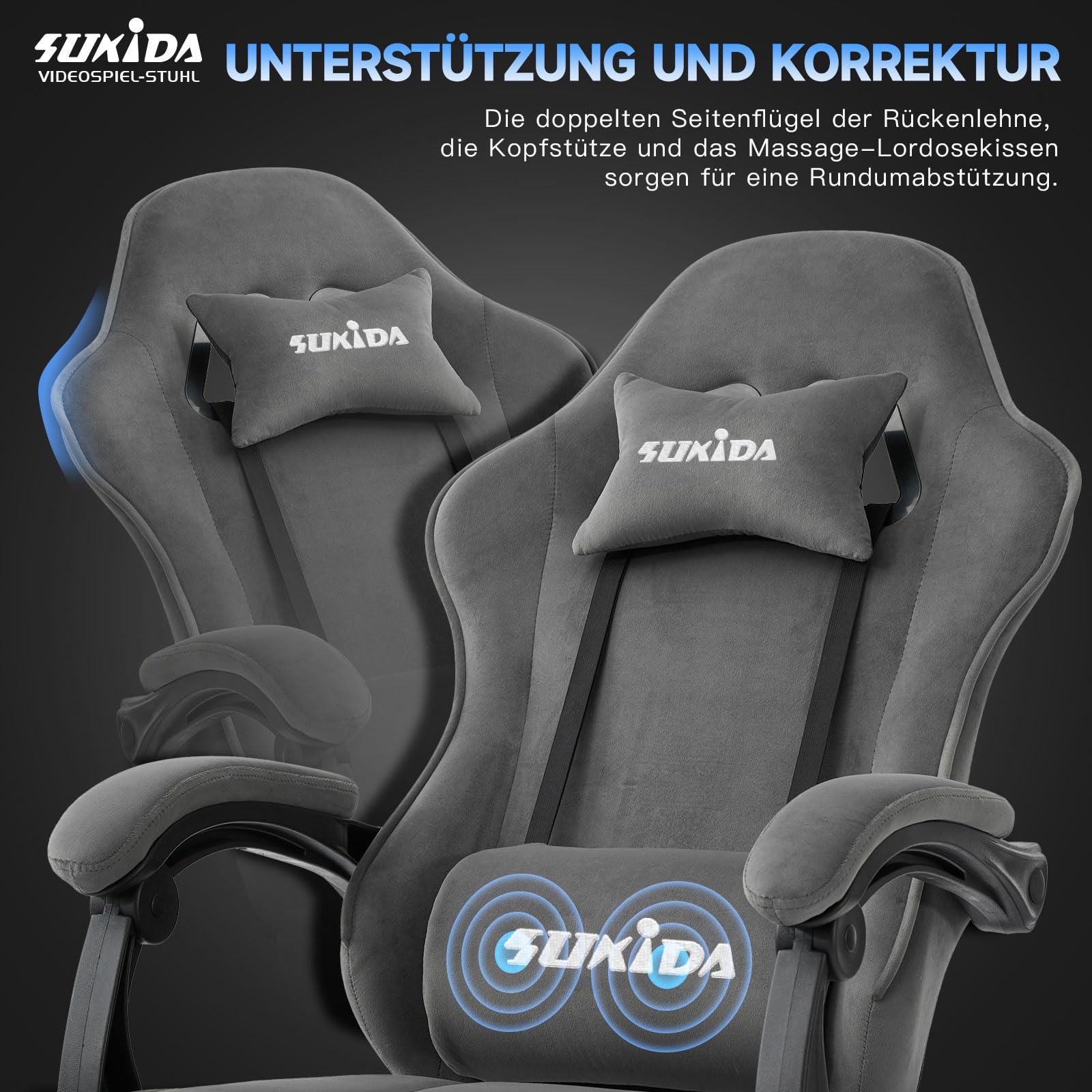 SUKIDA Gaming Stuhl Stoff Ergonomischer Gaming Chair mit Fußstütze Lordosenstütze Grau