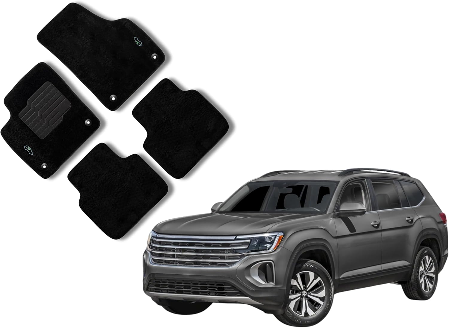 ecoMats Carpet Floor Mats for 2018 to 2026 Volkswagen Atlas/Atlas Cross Sport with Safety Locks and Driver Non Slip Heel Pad, Front and Rear Set, Black