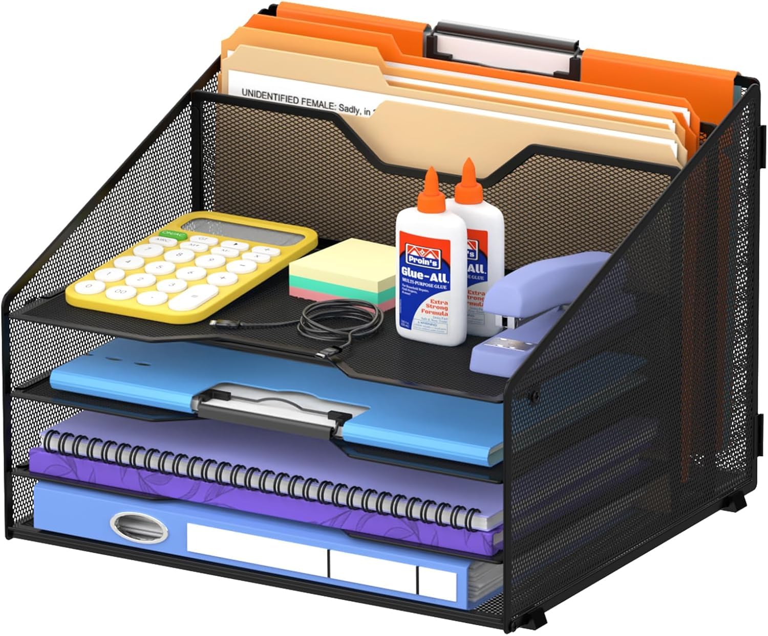 Supeasy Black 3-Tier Desk Organiser With File Holder, Desktop Letter Tray Holder With 3 Paper Trays And 2 Vertical Section For Folder(Black)