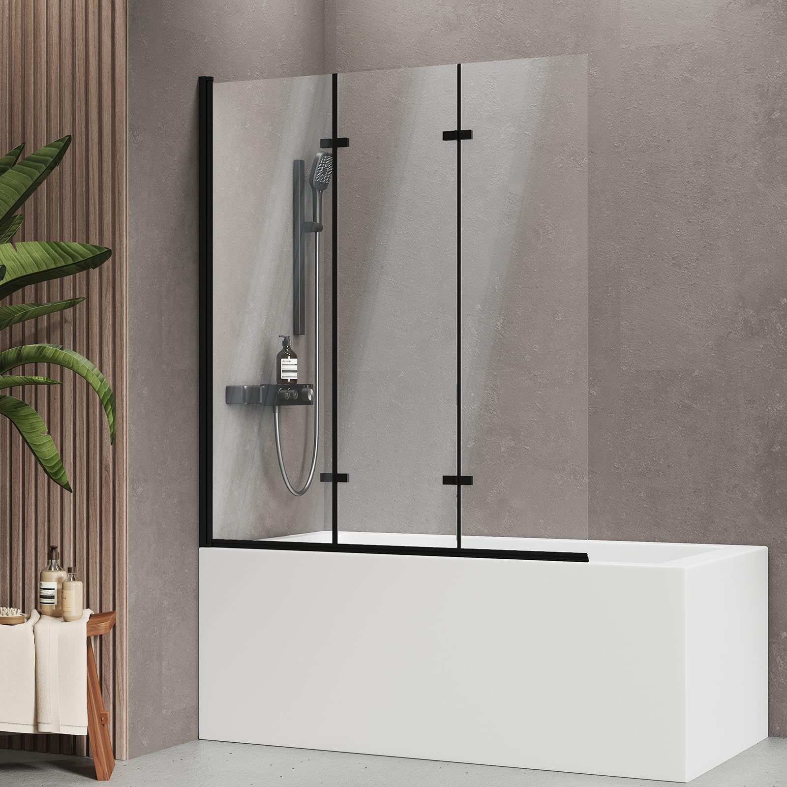 EMKE Mampara de ducha para bañera de 120 x 140 cm, 3 piezas, plegable, giratorio 180°, accesorio para bañera, mampara de ducha plegable, mampara de ducha de 6 mm, cristal de seguridad templado fácil