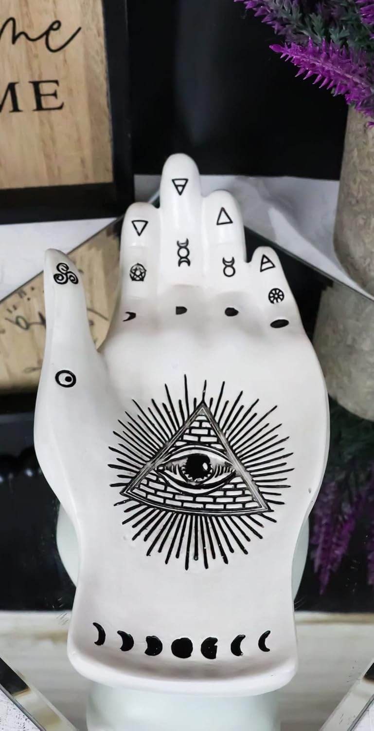 Ebros Gift Ancient Psychic Fortune Teller Chirology Palmistry Hand Palm Celestial Mystical Alchemy Symbols and Spiritual Pyramid Eye of Providence Figurine Jewelry Card Keys Holder Organizer Dish