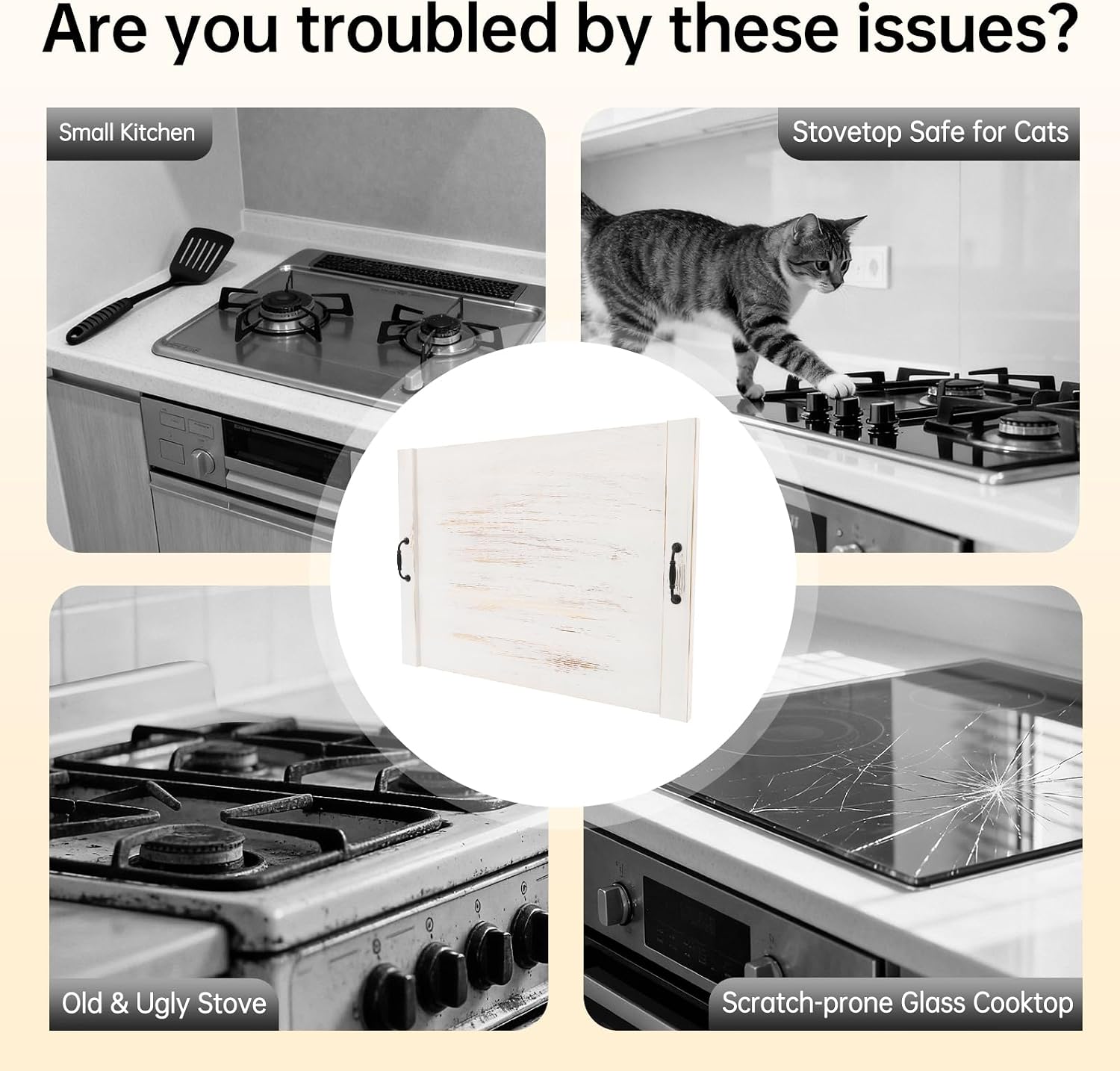 Noodle Board Stove Cover, Wood Noodle Board Stove Cover with Handles Extra Thick Wooden RV Stovetop Cover/Sink Cover for Gas Burners, Kitchen Counter (White, 21.65 * 30.31 * 1.18In)
