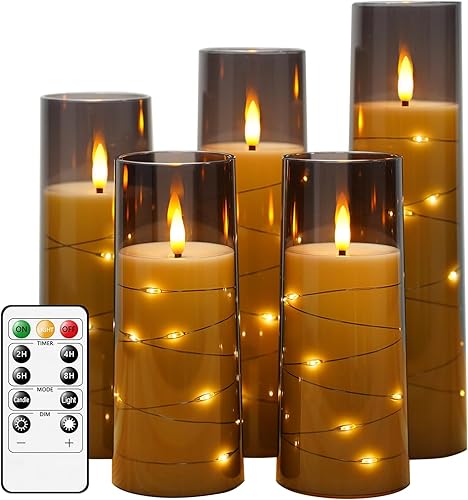 Velas sin llama, funcionan con pilas, 5 velas LED acrílicas parpadeantes con control remoto, con cadena de estrellas incrustada, vela de pilar sin