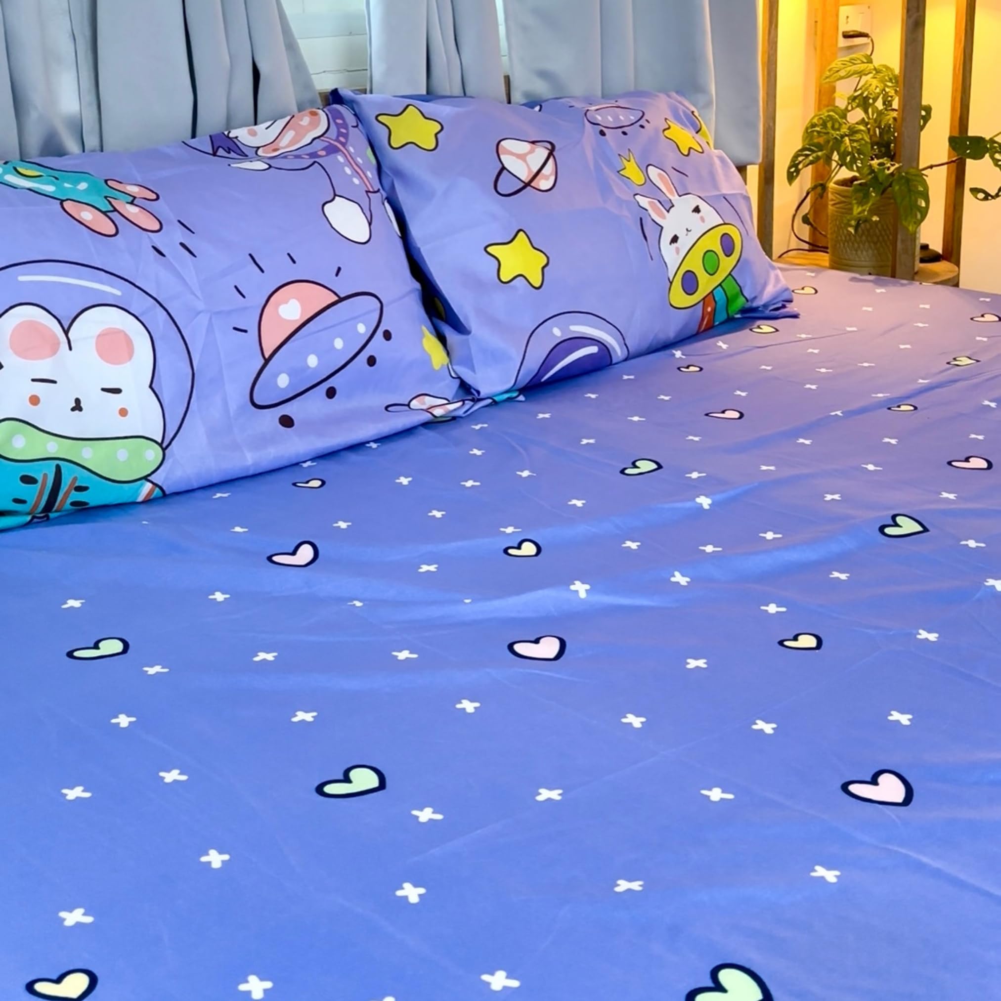 Famyo® King-Size Bedding Set (4pc) – 250 TC Fitted Bedsheet 72x78 in, 2 Pillow Covers, Comforter Cover (Astronaut Design, Purple) 3