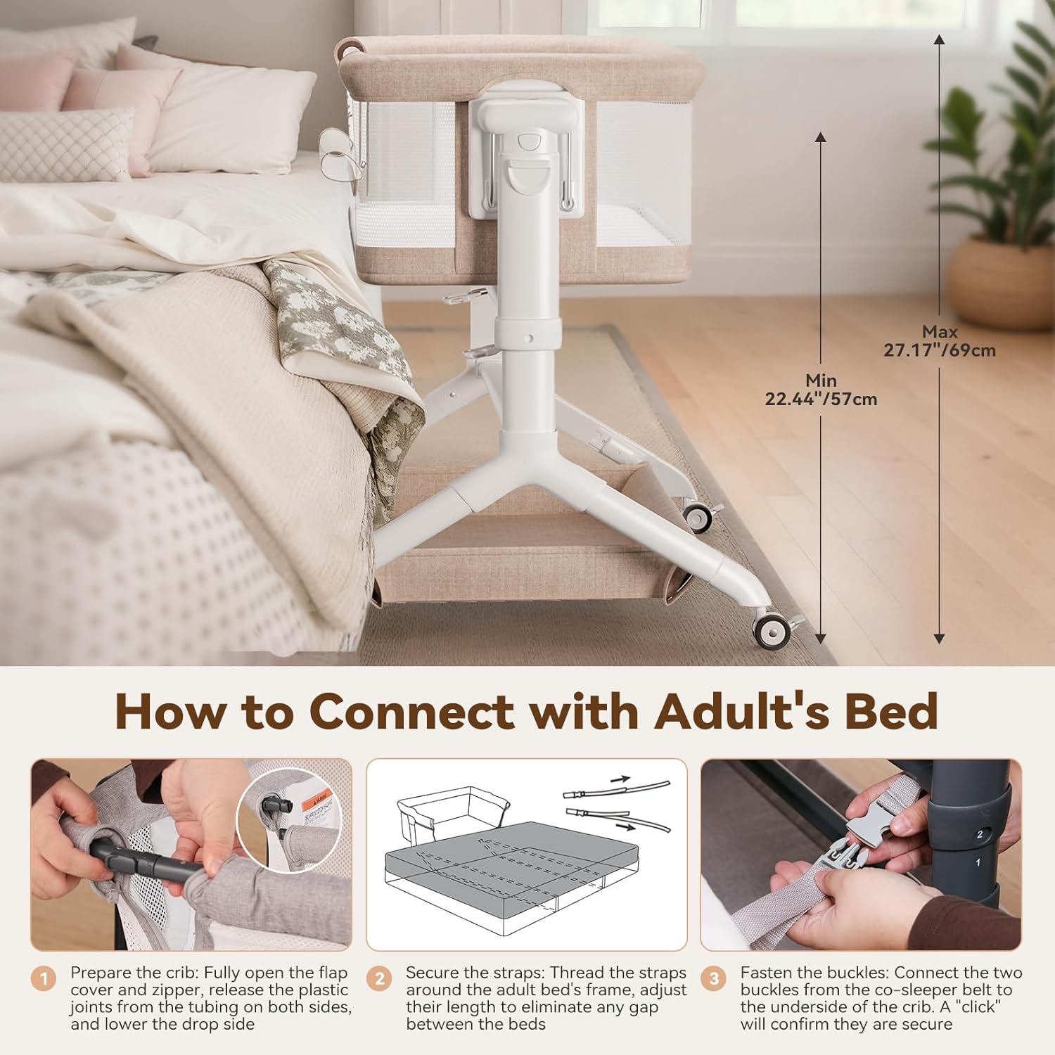 COMOMY Baby Bassinets Bedside Sleeper, 3 in 1 Baby Bassinet Bedside Crib with Mattress and Soft, Breathable Sheet, Full-Mesh Sides, 6-Height Adjustable, Easy Folding Portable Crib for Newborn Infants