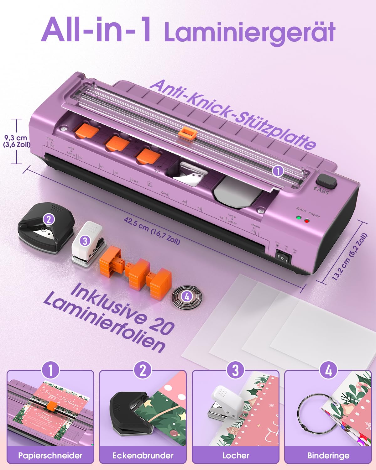 13 Zoll A3/A4 Laminiergerät, 10-in-1 Heiß & Kalt Laminiergerät mit 20 Laminierfolien, 2-Walzen-System für Professionelle Ergebnisse, ABS-Staufreigabe, für Büro, Schule, Geschäft und Zuhause, Violett