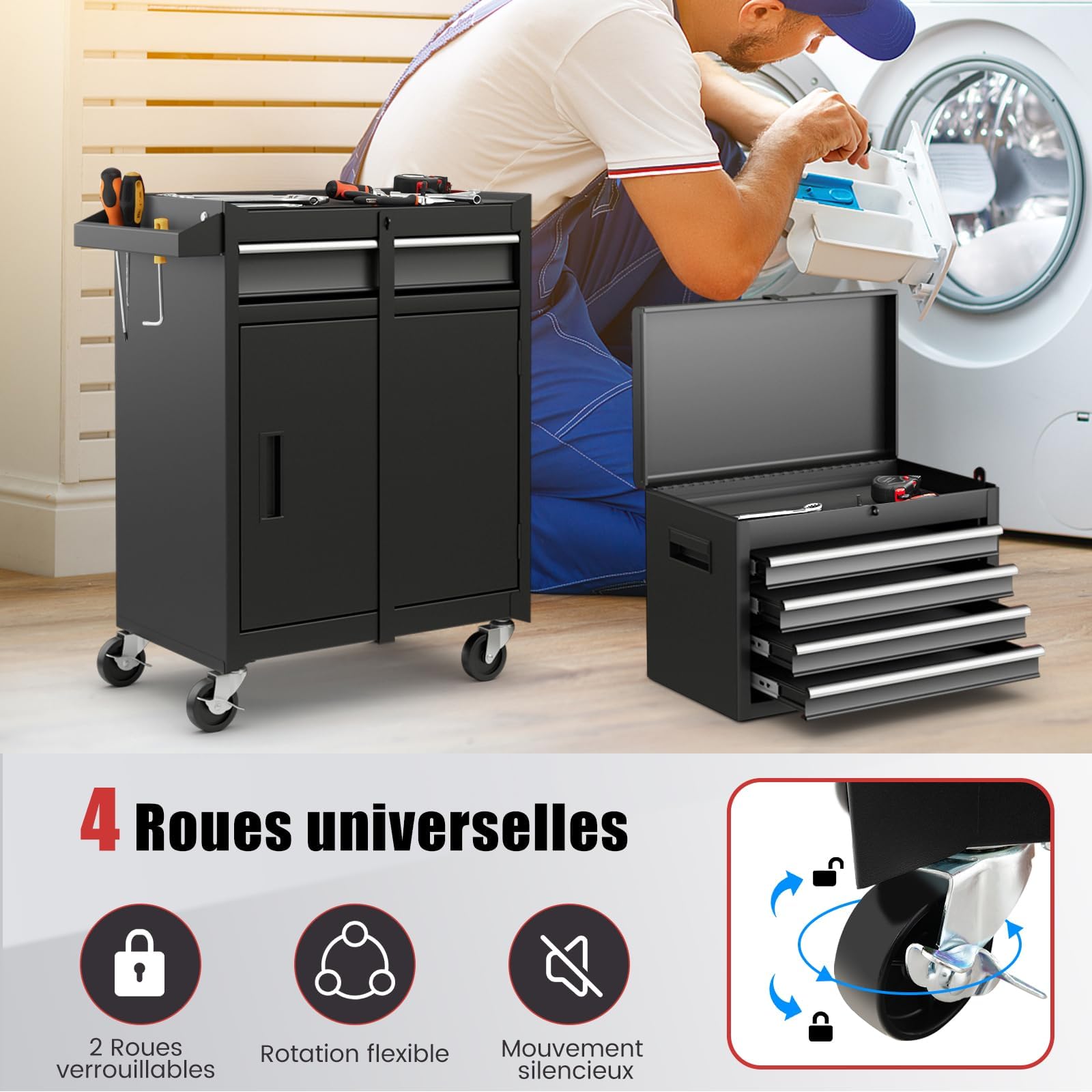 GYMAX Servante d'Atelier Outils, Coffre Amovible, 5 Tiroirs, 2 Grande Étagère, Caisse à Outil Roulante, Chariot d’Atelier, 4 Roues Universelles(2 avec Freins), Établi pour Bricolage Automobile