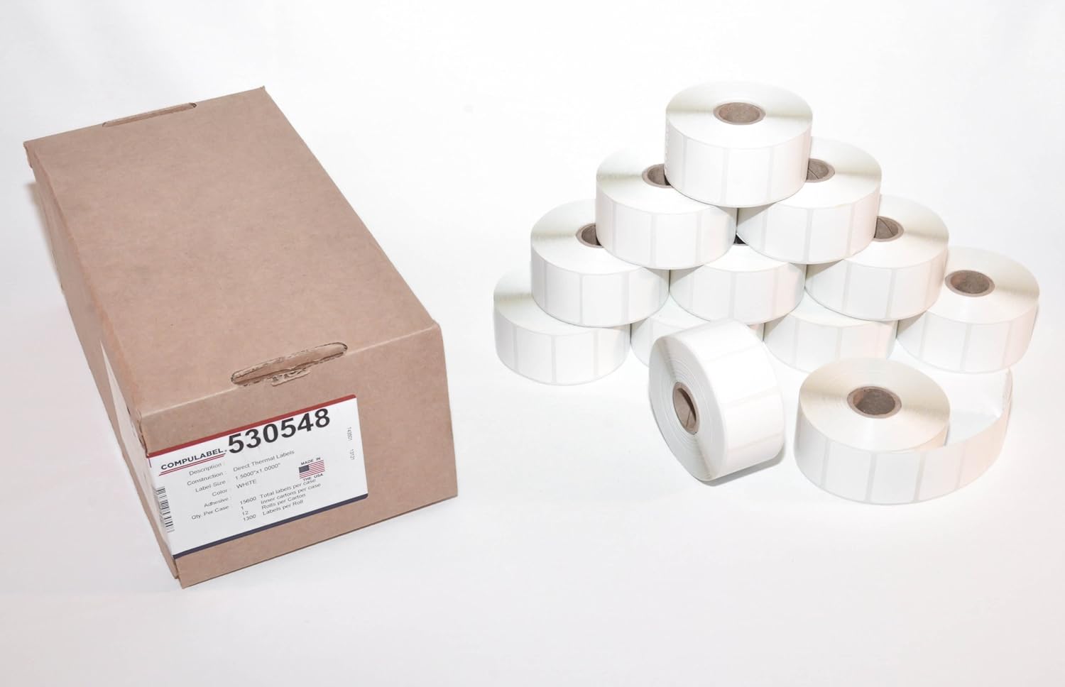 CompuLabel Direct Thermal Labels, 1 1/2 x 1 Inch, White, Roll, Permanent Adhesive, Perforations Between Labels, 1300 per Roll, 12 Rolls per Carton (530548)