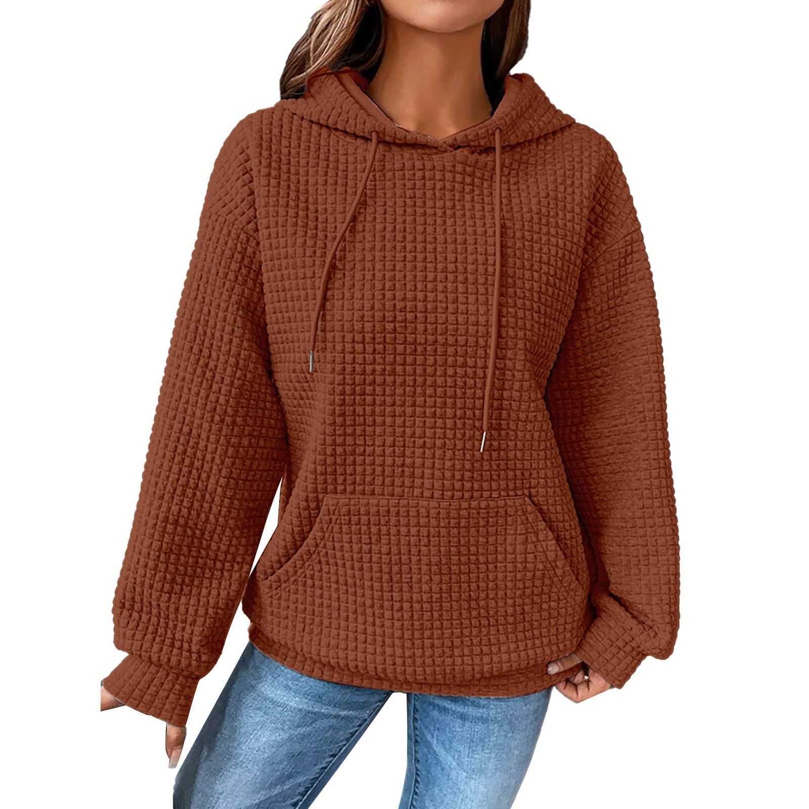 GenericHoodies for Women UK Waffle Solid Color Weave Blanket with Drawstrings Sweatshirts Winter Autumn Fashion Pocket Long Sleeve Blouse Casual Lightweight Pullover Tops Sale Clearance