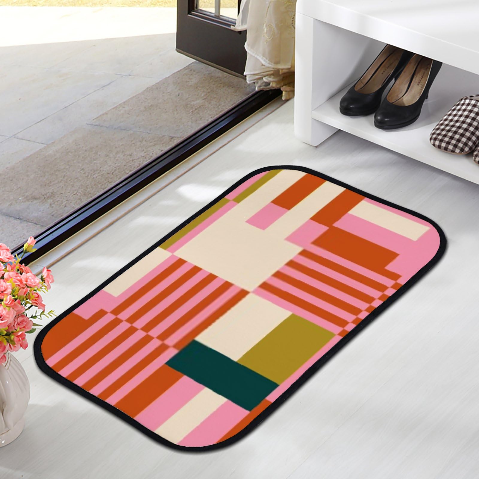 QAZPL Nuansexi Bathroom Rugs Modern Geometric Retro Scandinavian Style Floor Mats Non Slip Bathmat Doormat Tub Mat Coral Velvet Absorbent Entrance Carpet Mats Machine Washable Bedroom Decor