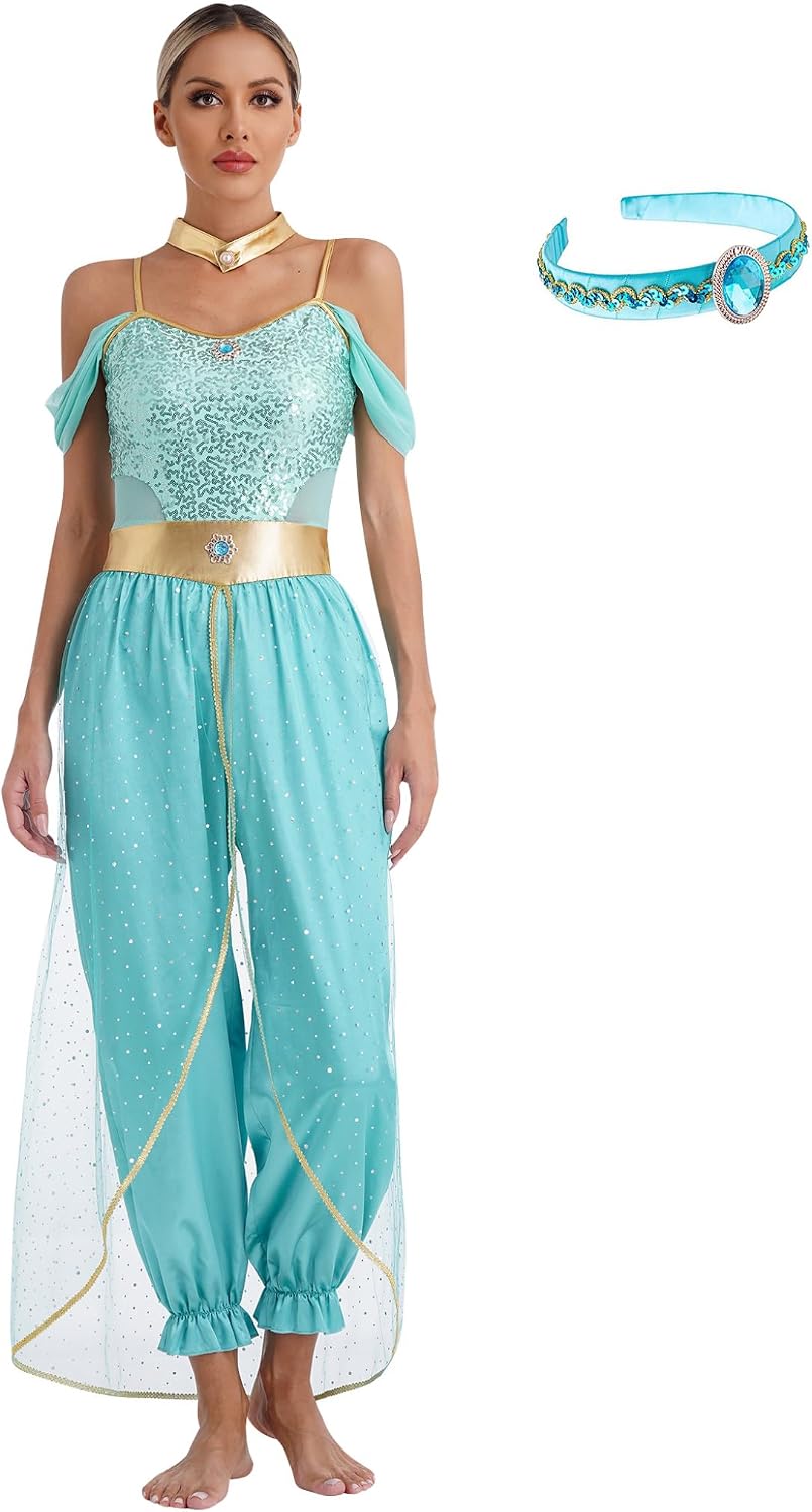 Lejafay Women's Arabian Princess Halloween Costume Shiny Sequin Belly Dance Jumpsuit with Headwear