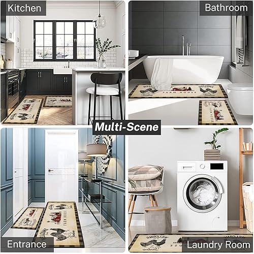 Miniatura 4 de Arttown Juego de 2 alfombras y tapetes de cocina de granja antideslizantes y lavables, bienvenidos a nuestras alfombrillas de cocina de granja,