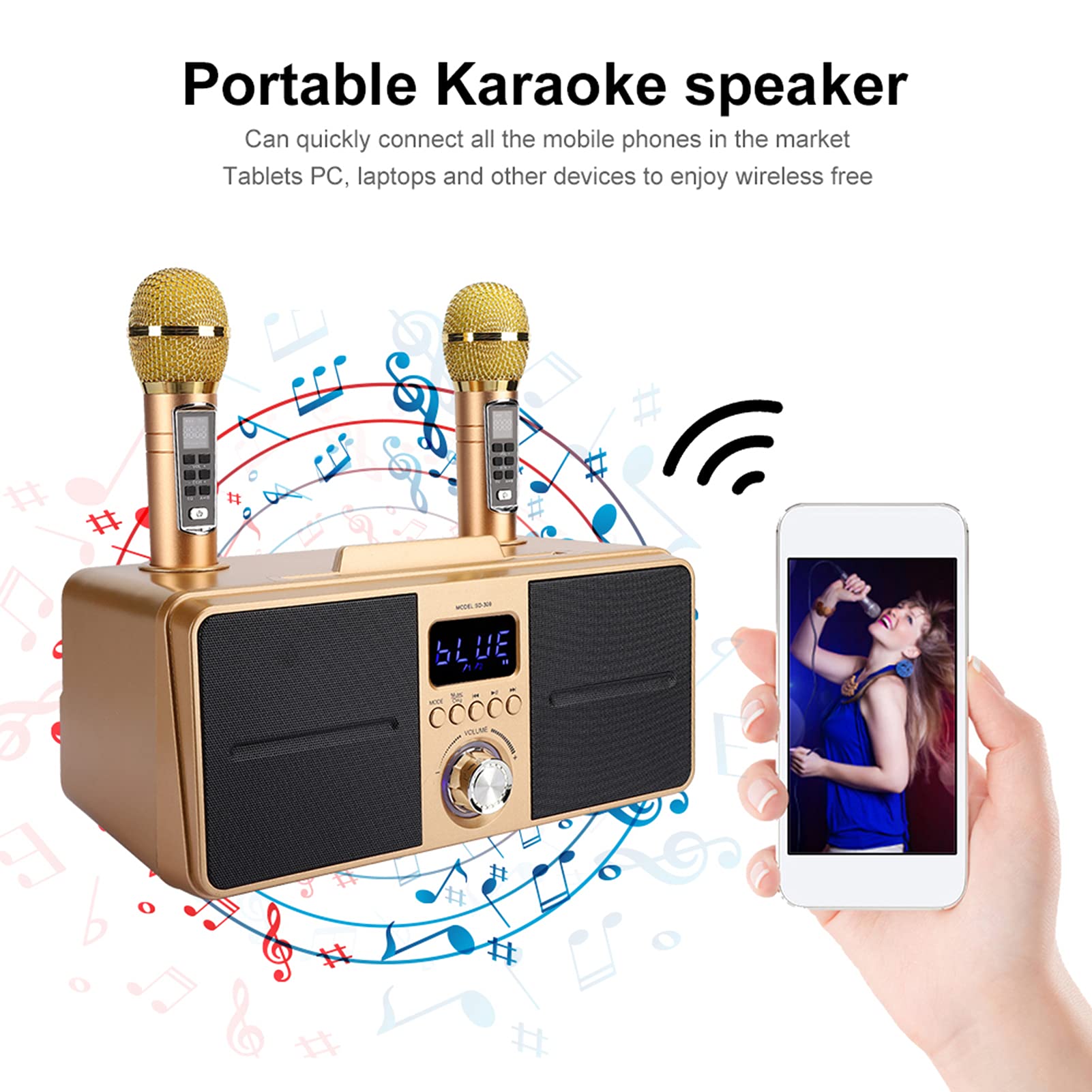ASHATA Tragbares Karaoke-Mikrofonsystem-Set, mit Dual-Wireless-Mikrofon, Bluetooth 4.2, Speicherkarte, AUX, USB-Flash-Disk für Heim-Karaoke, Meeting, Party, Kirche Usw.(Gold)
