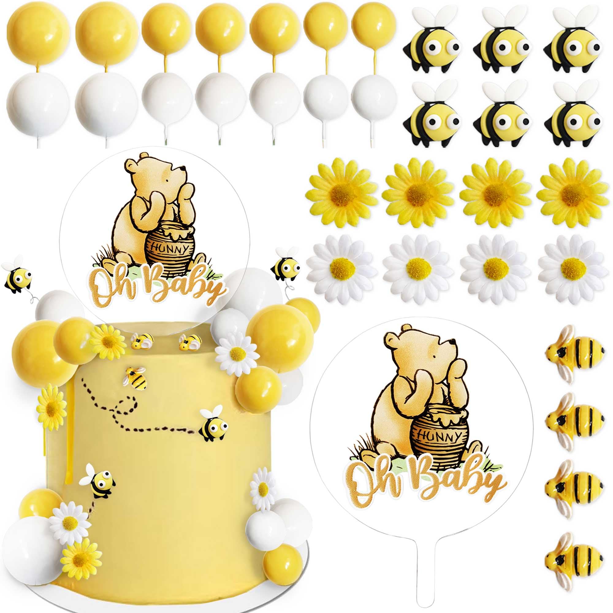Photo 1 of *** SOME BROKEN *** Bttwkco® Winnie Baby Shower Cake Decorations Party supplies, First Birthday Classic Pooh Acrylic Cake Topper Bees & Flowers