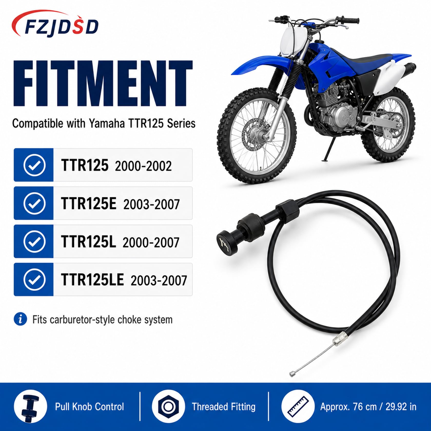 FZJDSD Câble de starter pour carburateur FB04016 compatible avec Yamaha TTR125 TTR125E TTR125L TTR125LE 2000 2001 2002 2003 2004 2005 2006 2007
