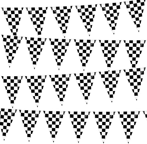 Banderín de 100 pies, bandera triangular de carreras a cuadros, bandera de doble cara F1 de cuerda de carreras en blanco y negro para cumpleaños,