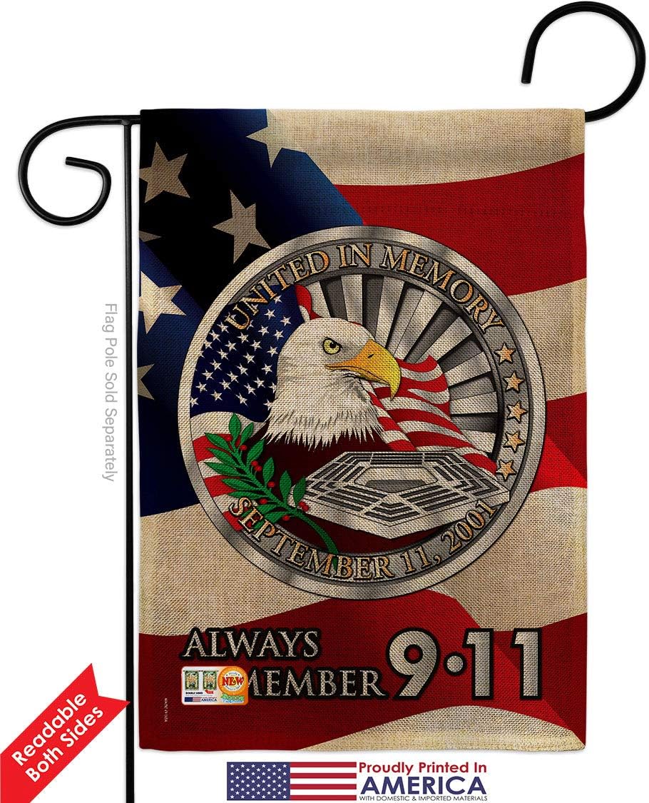 Always Remember Burlap Garden Flag Set Wood Dowel Americana Patriot Day World Planet Peace Environment Awareness United State American Small Gift Yard House Banner Double-Sided Made In USA 13 X 18.5