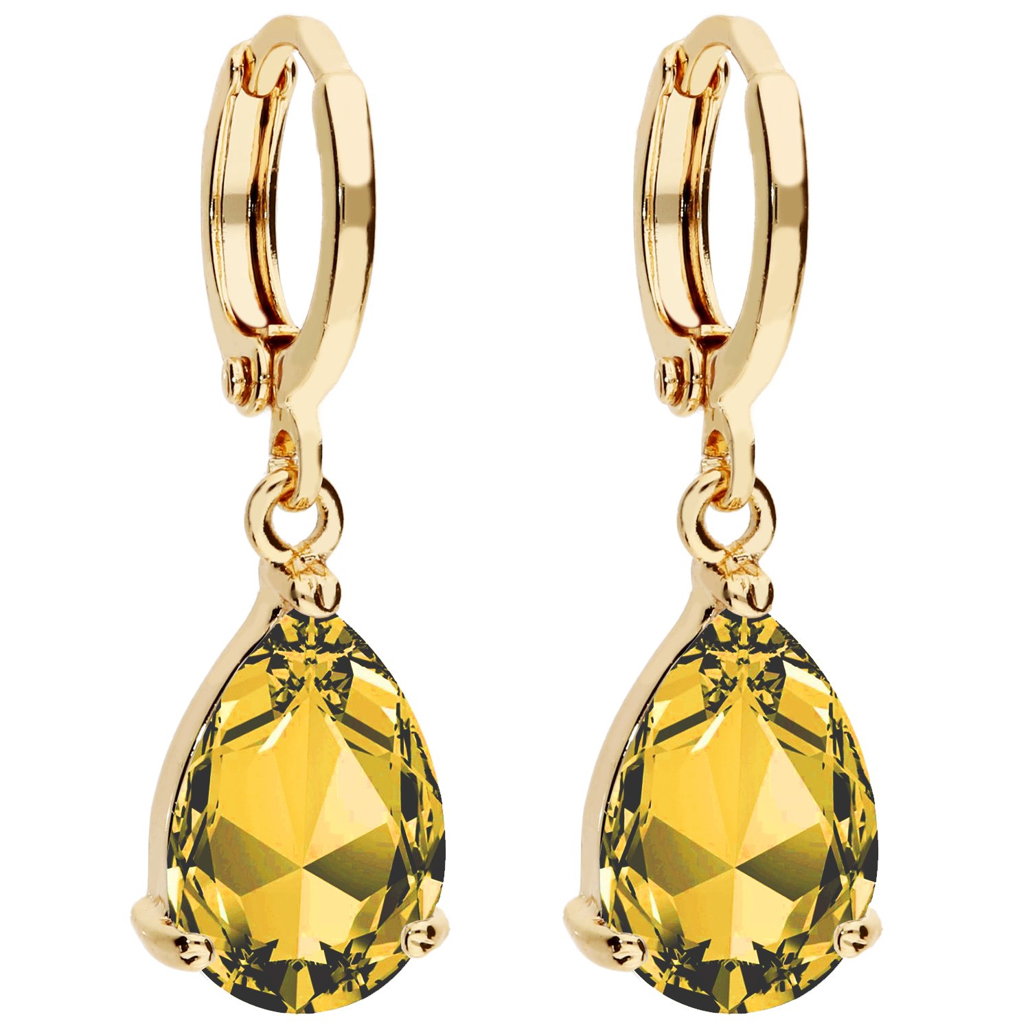 Damen Creolen Ohrringe Hängend mit Zirkonia Stein Tropfen-Anhänger Oval Tropfenform Tropfenohrringe Gold Vergoldet Gelbgold Citrin Gelb