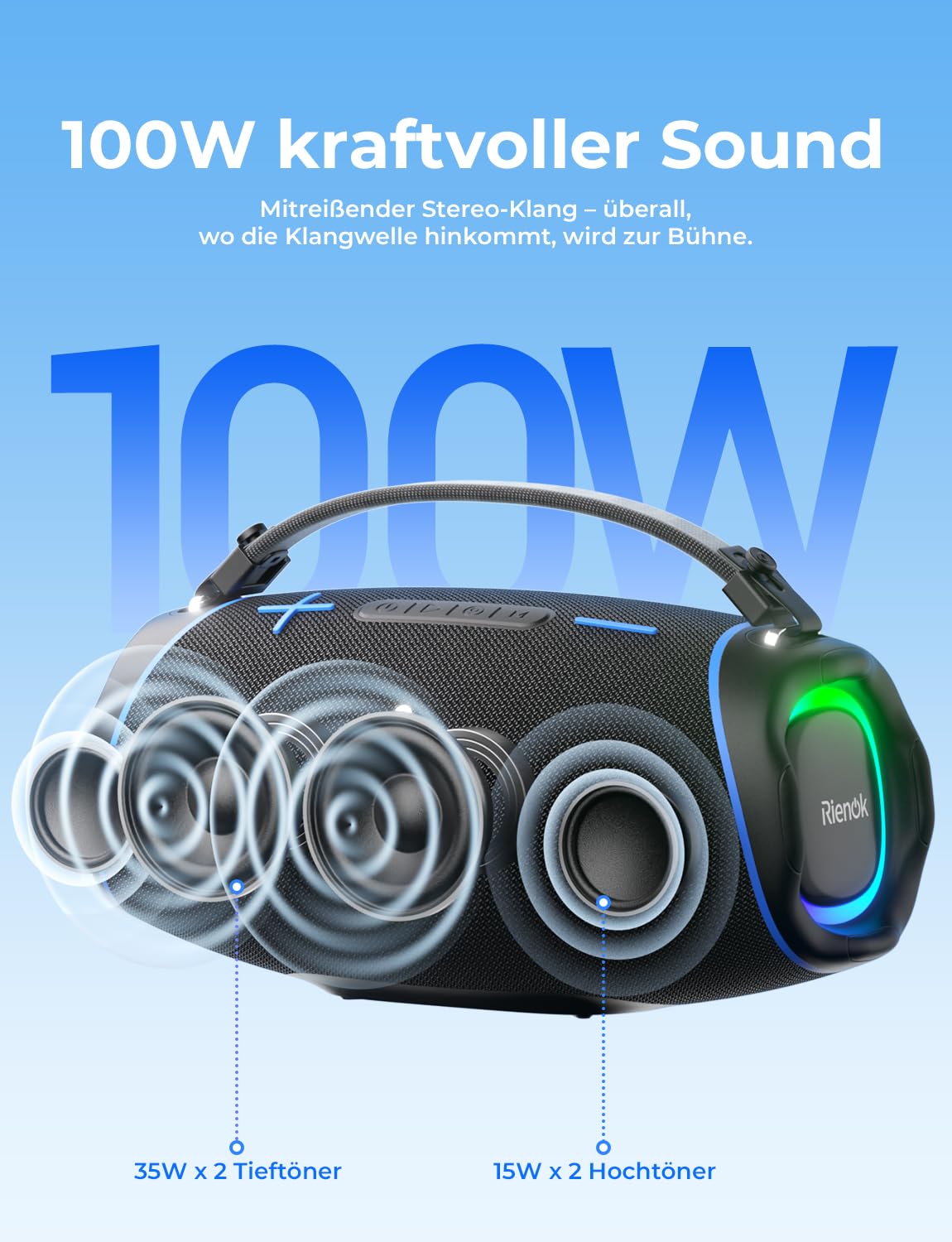 RIENOK 100W Bluetooth Lautsprecher mit 2+2 Channel, 30 Std. Laufzeit Musikbox Support USB TF und AUX mit RGB Licht, IPX6 für Outdoor Sound Party Werkstatt Baustelle Marktstand