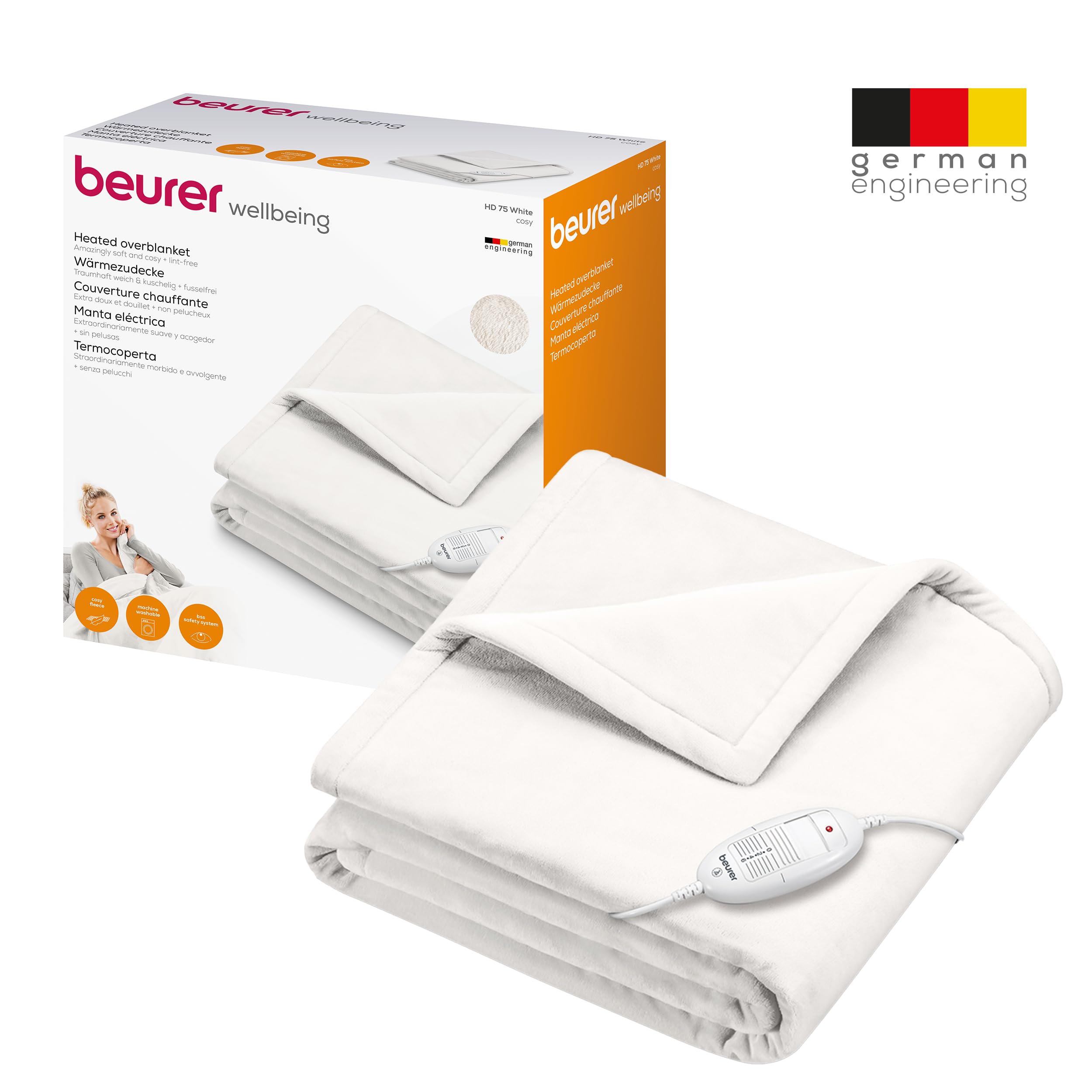 Beurer HD 75 manta eléctrica, manta de peluche de material polar, 6 ajustes de temperatura con un sistema de seguridad y desconexion automatica, lavable a máquina, blanca, 180 x 130 cm