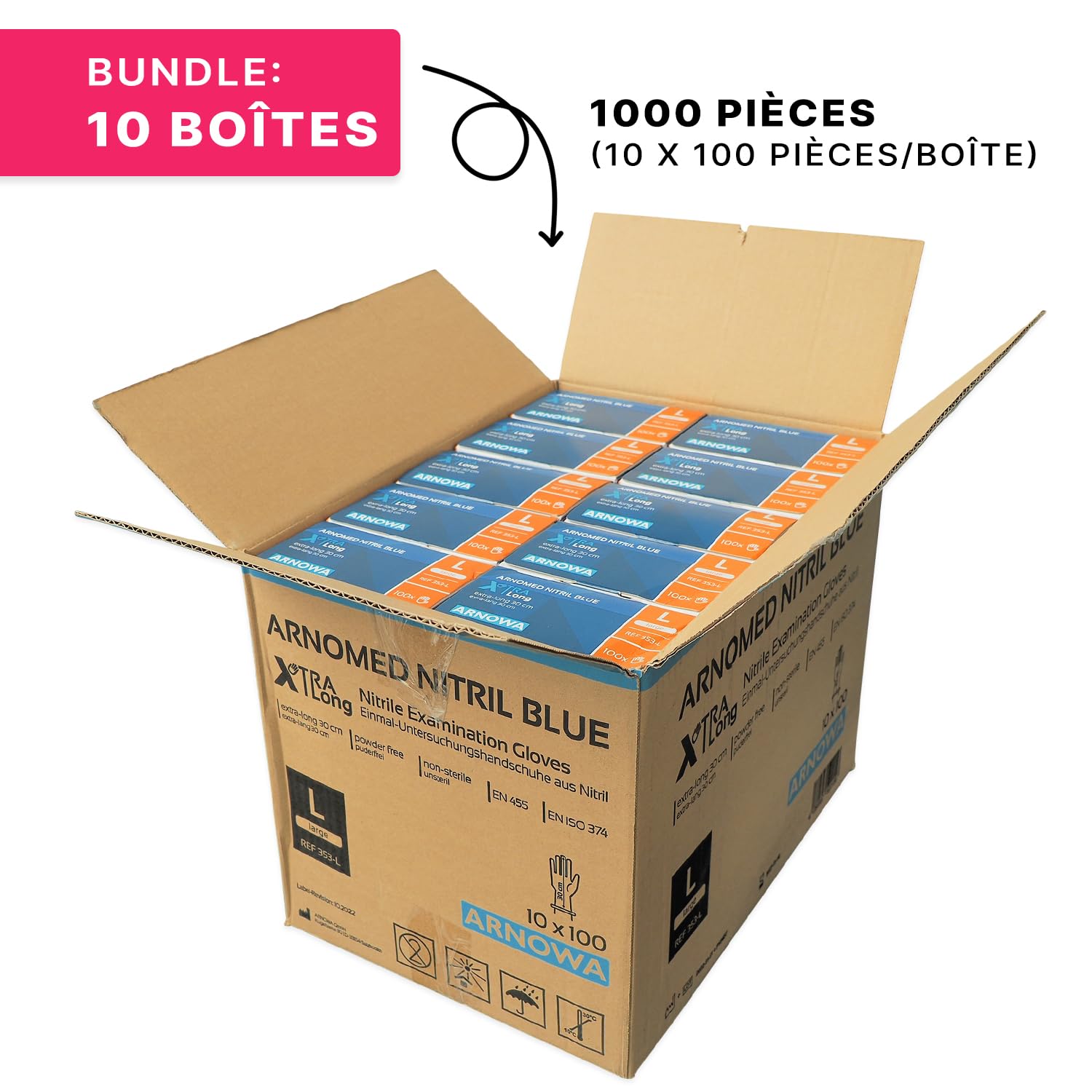 ARNOMED Gants jetables Bleu Extra Longs, gants jetables de 30cm de long L, Gants en nitrile jetables Extra Épais, 1000 pcs (10 boîtes avec 100 pcs), gants en caoutchouc longs jetables en S, M, L & XL | Gants jetables de 30 cm de long - Gants jetables 50 %