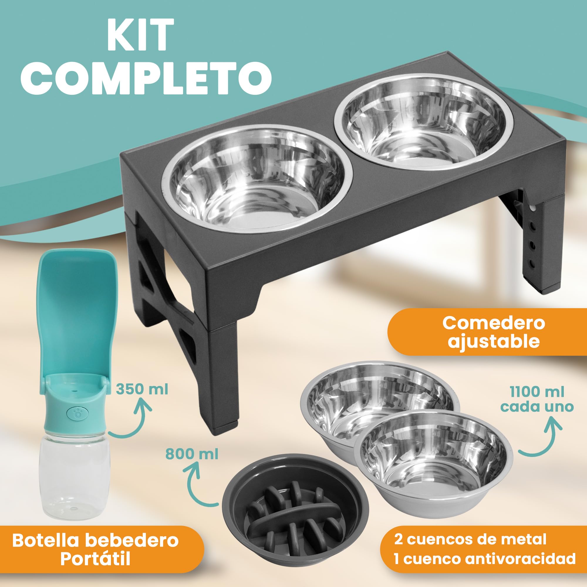 Comedero Perro Elevado de 5 Alturas Ajustables - Comedero Perro Antivoracidad 1x800 ml - Bebedero de Acero 2x1200ml. Cuencos Elevados para Perros Pequeños Medianos y Grandes + Botella Portátil