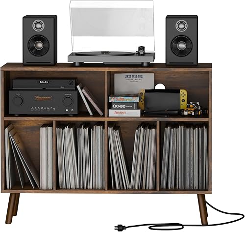 Vista 8 de Cozy Castle - Soporte para tocadiscos con gabinete de almacenamiento para vinilos, mesa de tocadiscos de madera con estante abierto, organizador