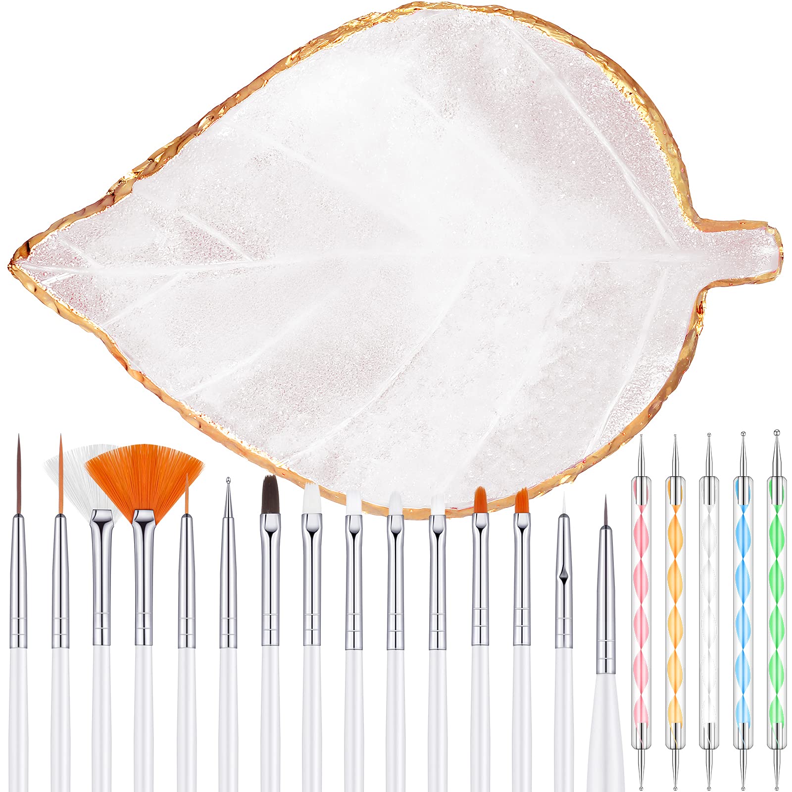 21 Pieces Nail Art Tools Kit, Resin Nail Art Palette Leaf Shape Mixing Palette and 20 Pcs Detail Brushes with Golden Edge Resin Holder Gel Polish