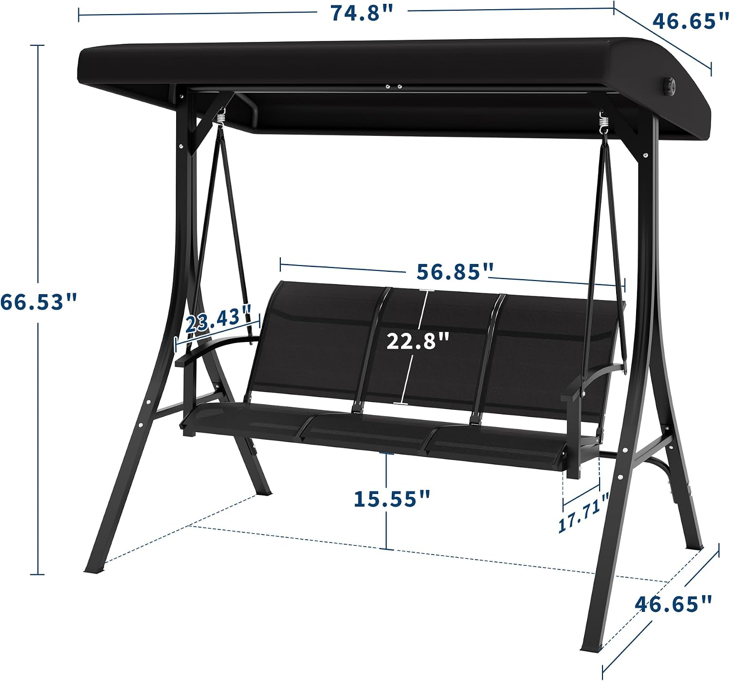 3-Seat Outdoor Patio Swing Chair, Porch Hanging Bench with Adjustable Canopy, Armrests & Breathable Textilene Fabric, for Garden, Poolside, Backyard, Black