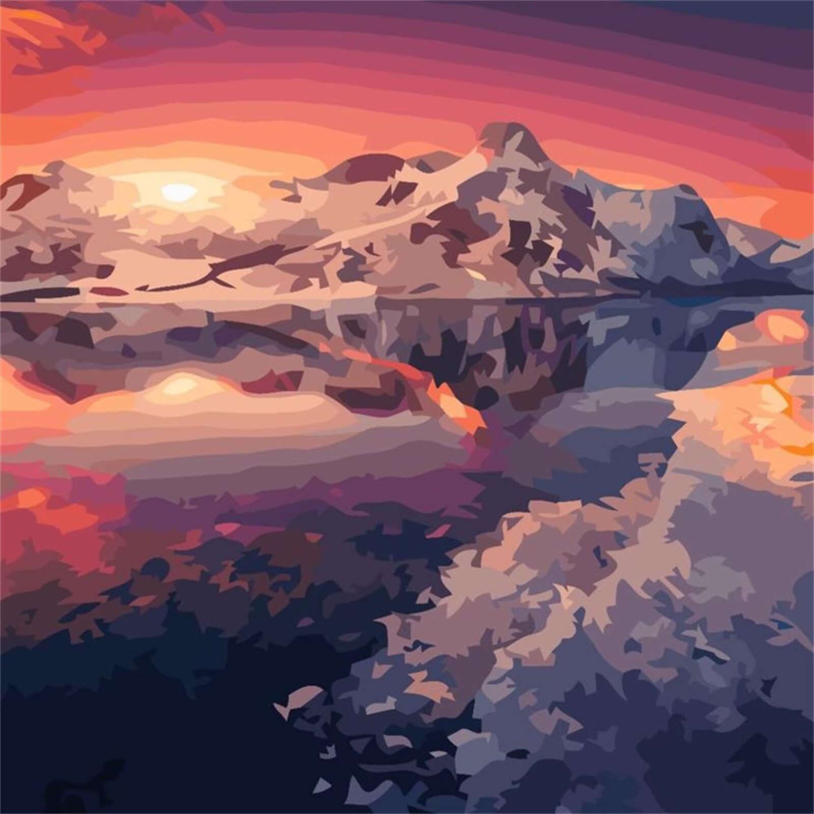 Mountain Lake Sunset Malowanie po numerach, dla dorosłych, bez ramy, 60 x 60 cm, malowanie według numerów, dla dorosłych, początkujących, z pędzlami i pigmentem akrylowym, płótno do malowania olejnego