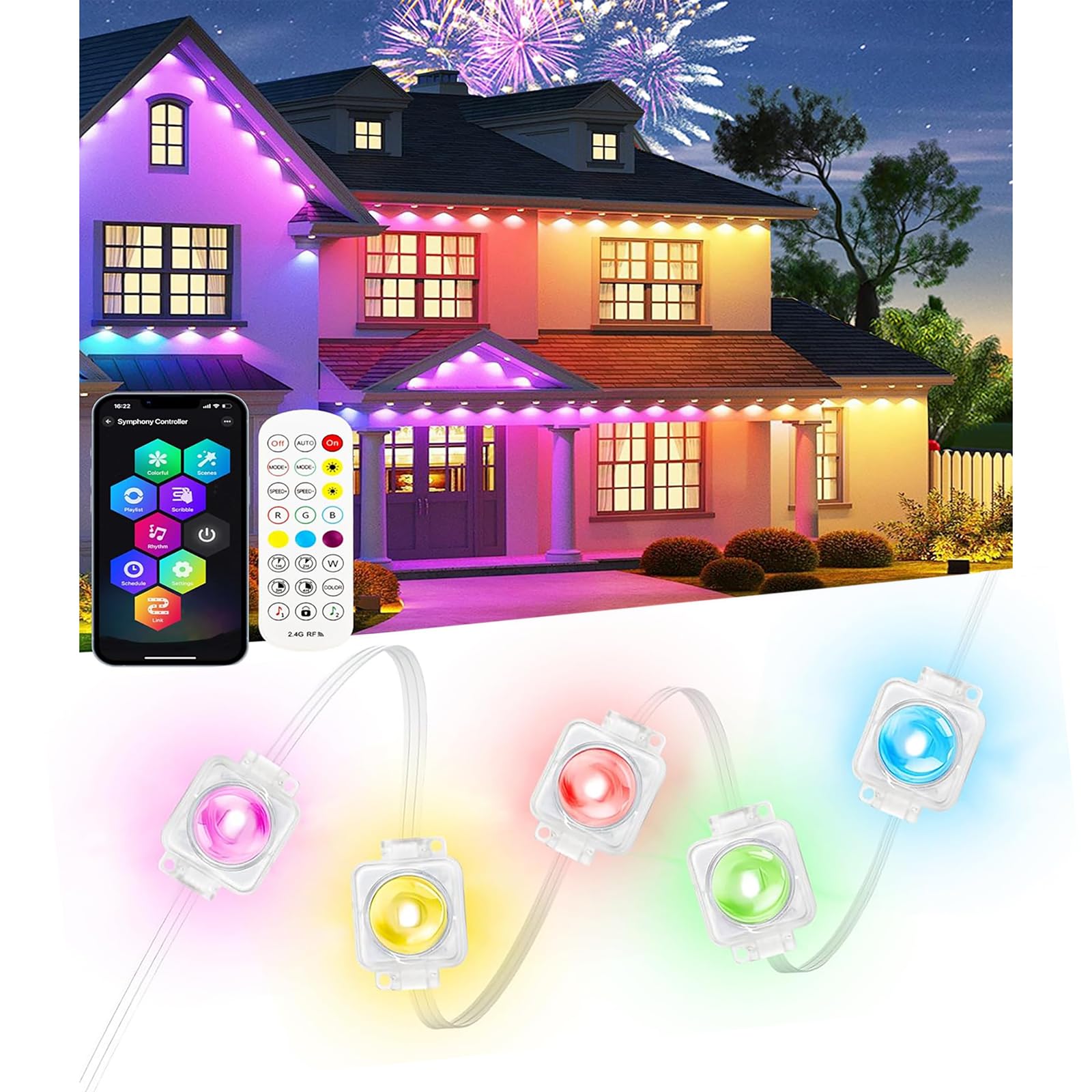 100ft RGB Permanent Outdoor Lights,with 60 LED IP65 Waterproof Smart Christmas Lights for Outdoor Decor with 63 Scene Modes for Halloween Christmas Birthday Holiday Party (100FT 60LED)