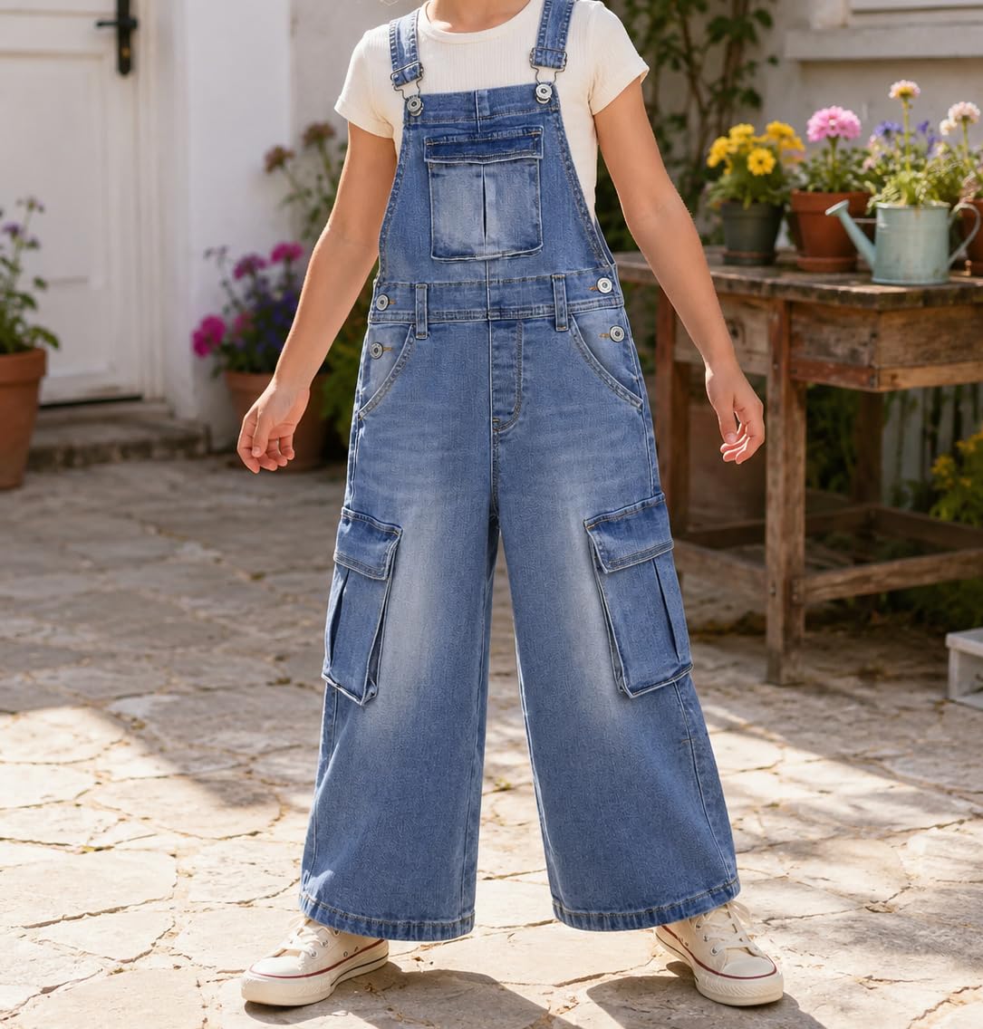 KIDSCOOL Salopeta cargo de mezclilla pierna ancha con bolsillos para niña