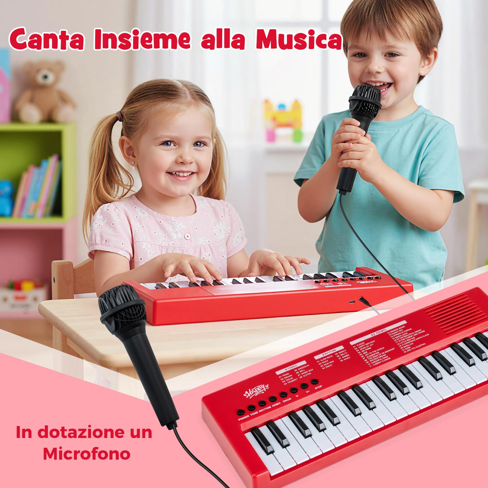 COSTWAY Pianoforte Digitale 37 Tasti per Bmabini 3+Anni (Rosso) | Pianola Portatile con 8 Ritmi, 8 Timbri e 22 Demo, Tastiera Musicale Educativo con Microfono e Cavo USB