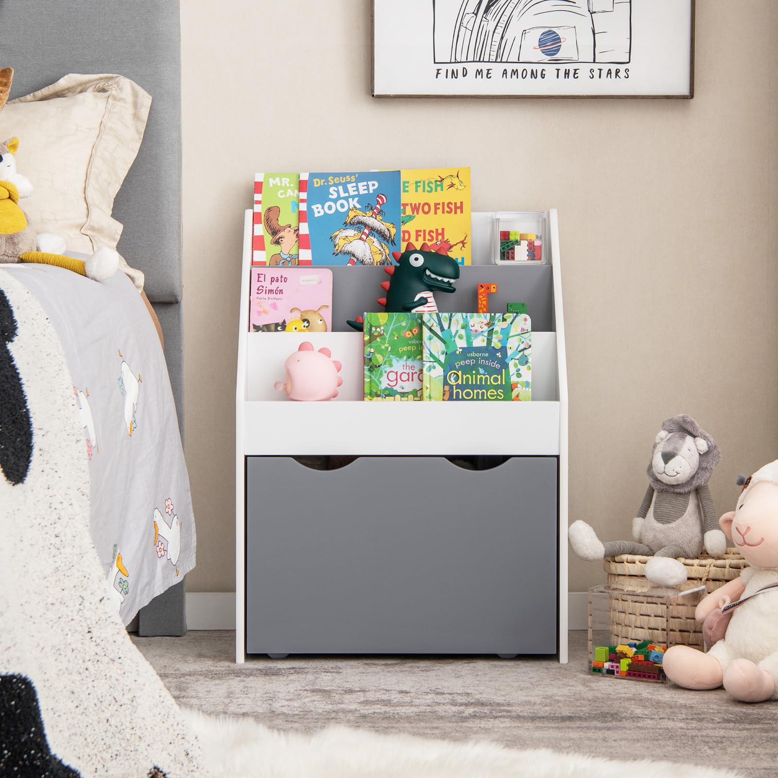 COSTWAY Libreria Montessoriana per Bambini, Scaffale per Libri a 3 Livelli con Cassetto Inferiore e 4 Ruote, per Cameretta, Stanza dei Giochi e Asilo, 50 x 28 x 70 cm, Grigio e Bianco