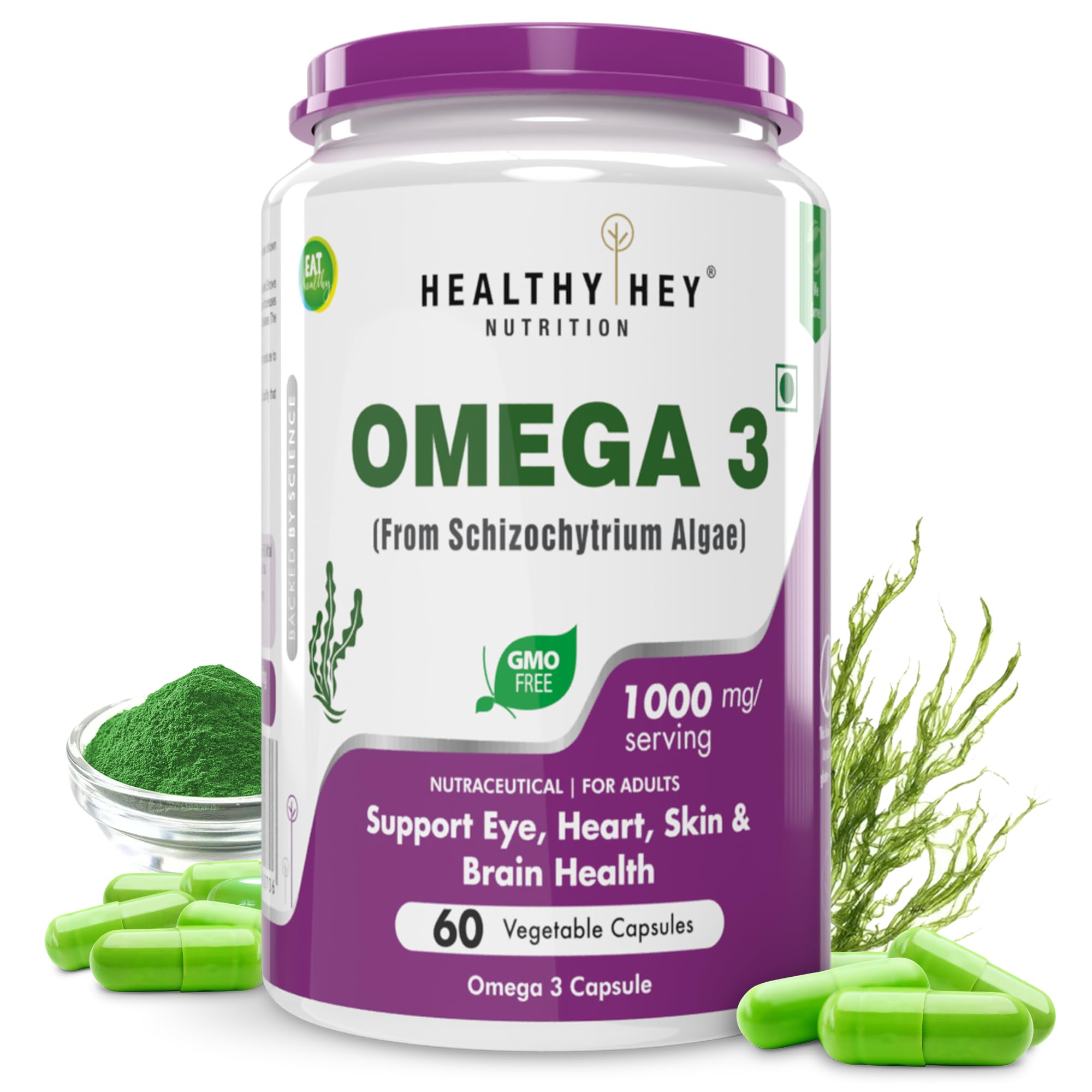 HealthyHey Nutrition Natural Omega 3 - Support Heart, Brain & Joint - Sourced from Algae - Fish Oil-free - 60 Veg Capsules