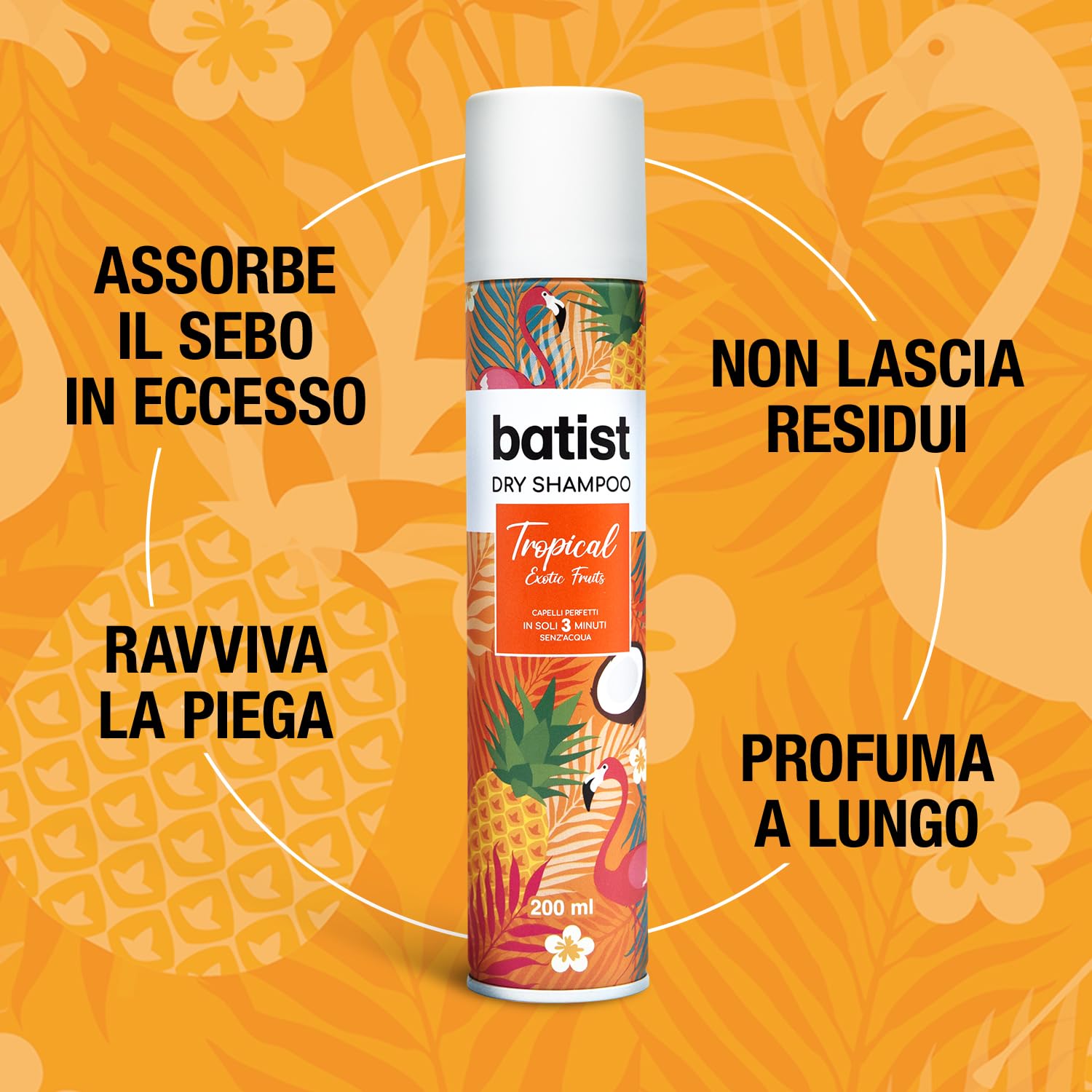 Batist Shampoo Secco Tropical, Shampoo A Secco Con Profumazione Esotica Al Cocco E Frutto Della Passione, Per Acconciature E Messe In Piega, Per Tutti I Capelli, 2x200 Ml, Made In Italy