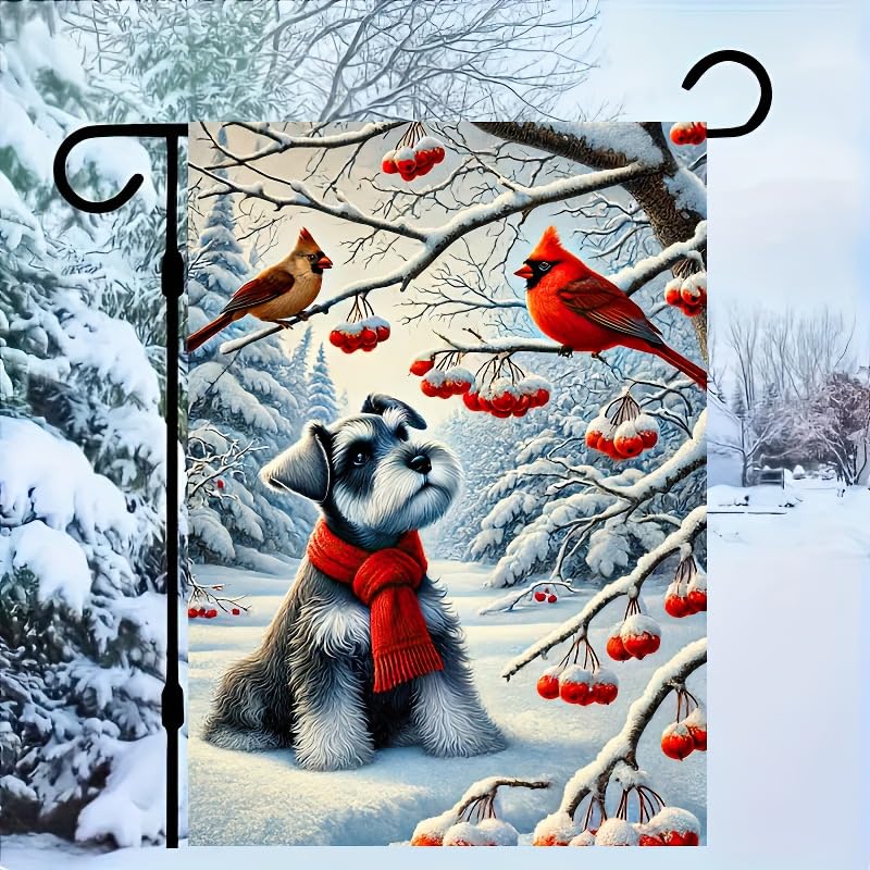 Image of BlissYard Winter Garden Flag Schnauzer Red Scarf Birds 12 x 18 Inch