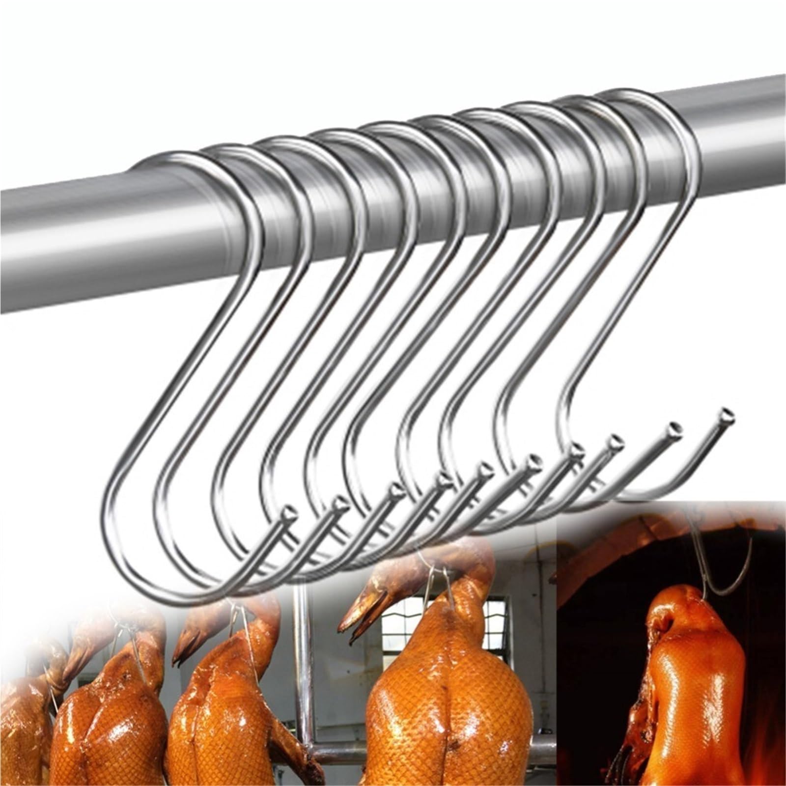 100 ganchos en forma de S de metal, acero inoxidable, for barbacoa, for colgar salchichas, pavo, asado, pato, carne, herramienta for el hogar Para Carnes