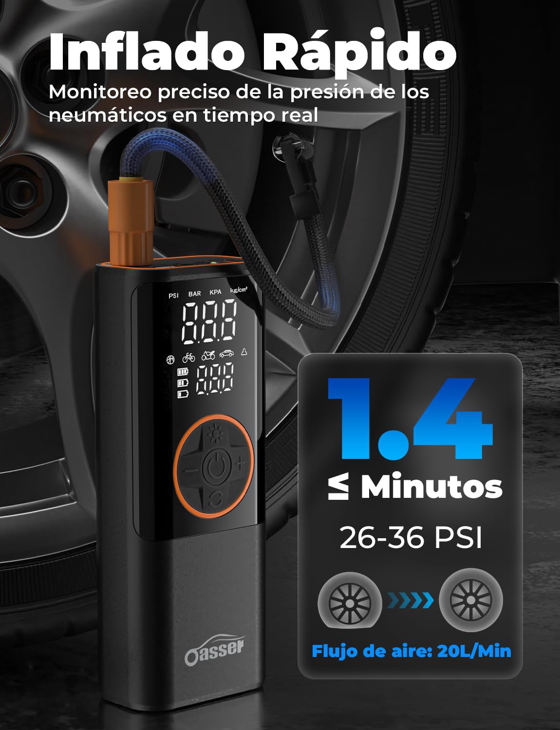 Oasser Compresor Aire Portatil 6000mAh 150PSI Inflador Ruedas Coche Pequeño Pantalla LCD Doble Visualización Cable Encendedor 3M Parada Automática Bolsa Almacenamiento para Coche Moto Bicicleta Bola