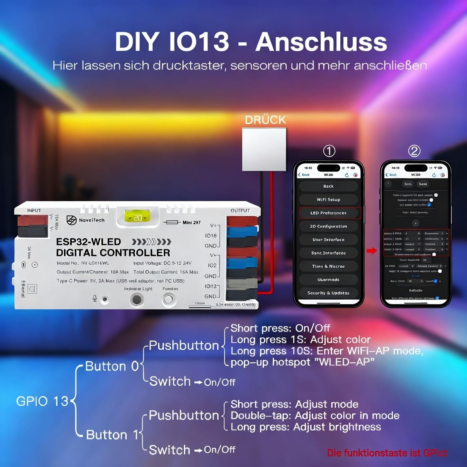 ESP32 WLED LED Controller mit Ethernet, Musik Reaktion, UART & 20A Stecksicherung, DIY dynamische Lichteffekte, DC 5–24V für WS2811 WS2812B SK6812 WS2815 RGB/RGBW Adressierbare LED Streifen