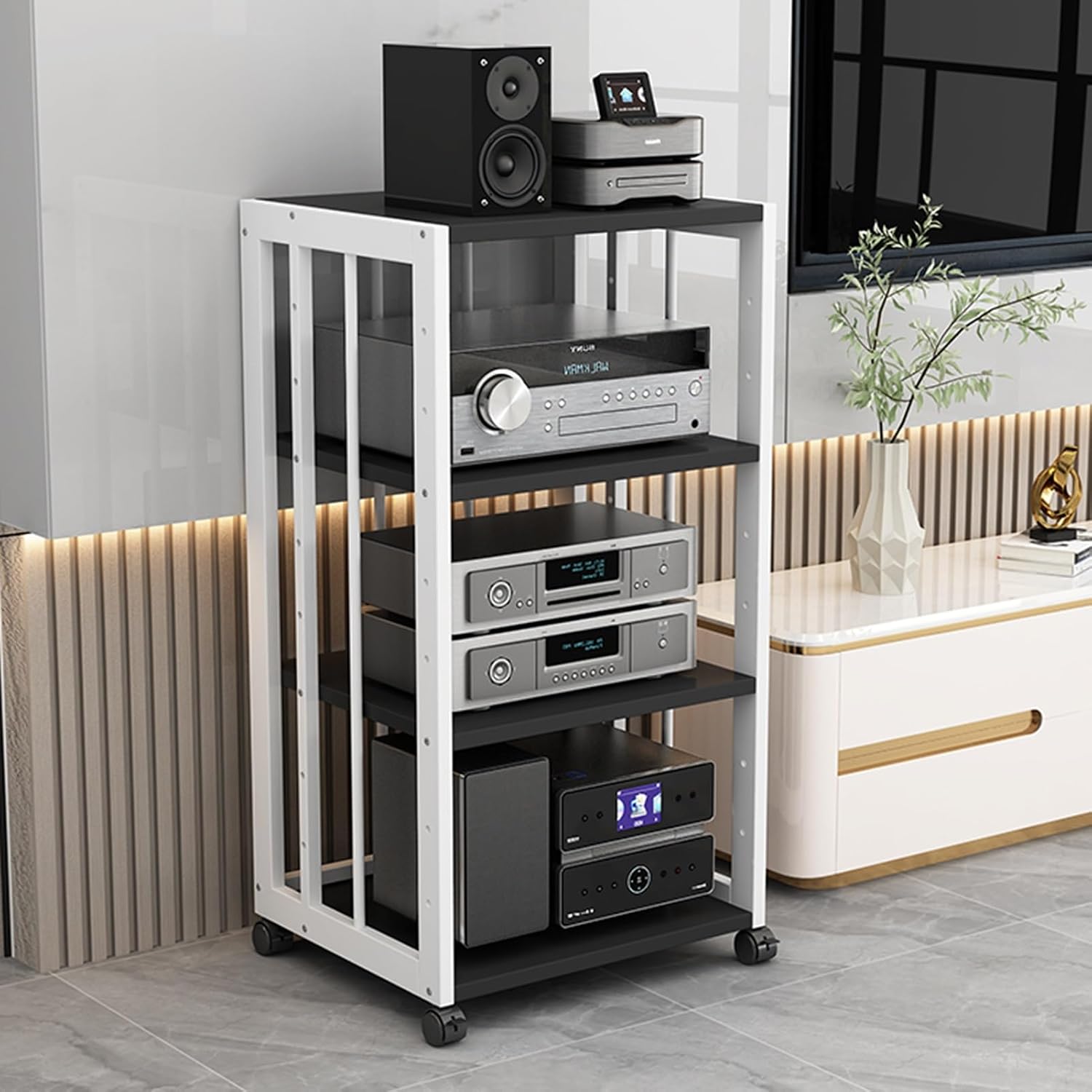 4-Layer Media Storage Cabinet Video Rack CD Player Stand Stereo Component Storage Cabinet for Home/Office/Audio Video/DJ/Theater with Height Adjustable Wooden Shelf,Color 4-50x40x89cm