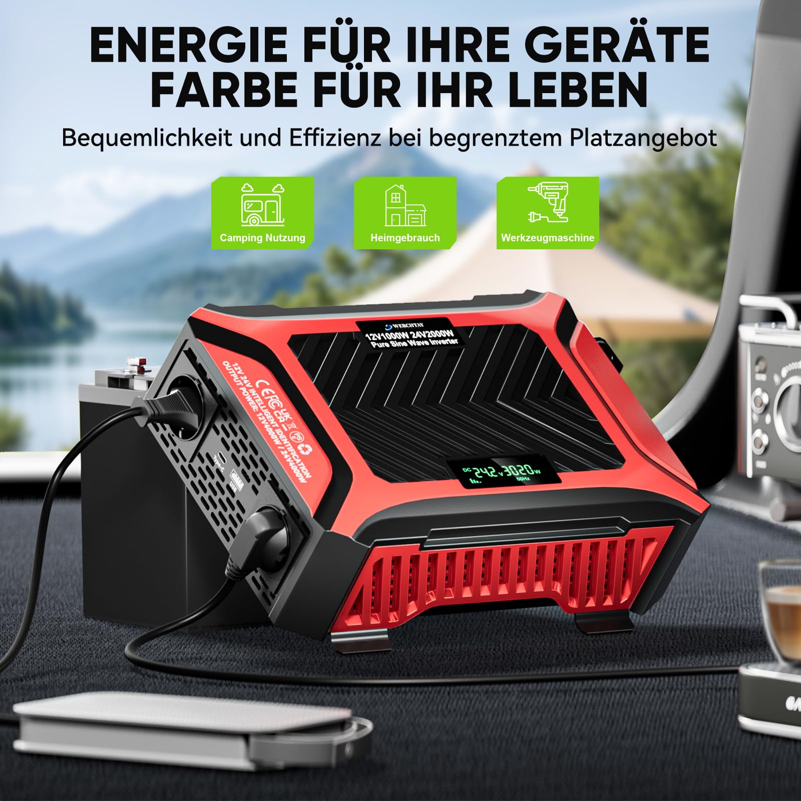 1000W/2000W Reiner Sinus Wechselrichter für 12V & 24V auf 230V, Spitzenleistung 2400W/4600W, Spannungswandler mit LCD Display, Intelligente Schutzfunktionen, 2 EU Steckdosen