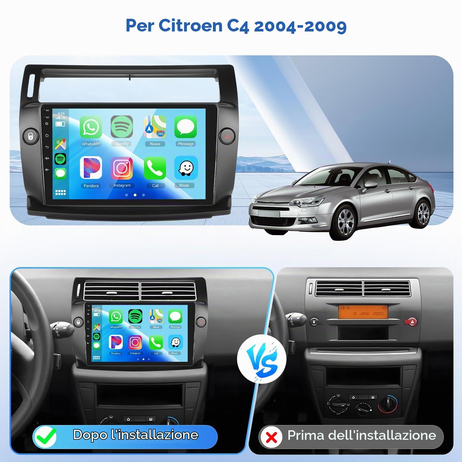 Podofo Autoradio Carplay per Citroen C4 (2004-2009), Autoradio touchscreen da 9" 2G+64G con Senza fili Carplay Android Auto, Bluetooth/GPS/WiFi/FM/RDS/HiFi/USB