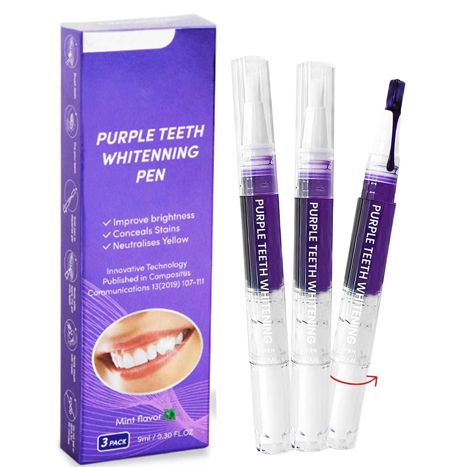 Zahnaufhellung Stift Bleaching Zähne, Purple Teeth Whitening Pen 3 Stück, Schmerzfreies Schnelles Aufhellen Zahnweiss Stift, Effektiv Flecken Entfernen für Weiße Zähne zu Hause