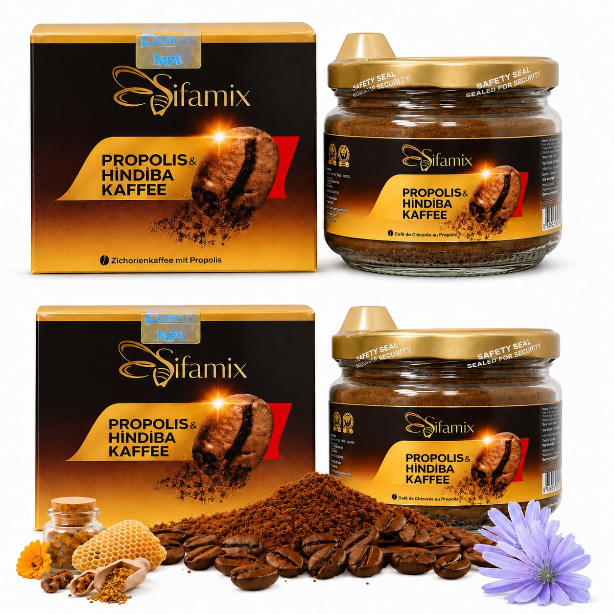 Lot de 2 cafés Sifamix Premium Chicorée et Propolis | 60 % café soluble, 39,5 % de chicorée, 0,5 % de propolis | Sans additifs | Favorise le contrôle du poids et le bien-être