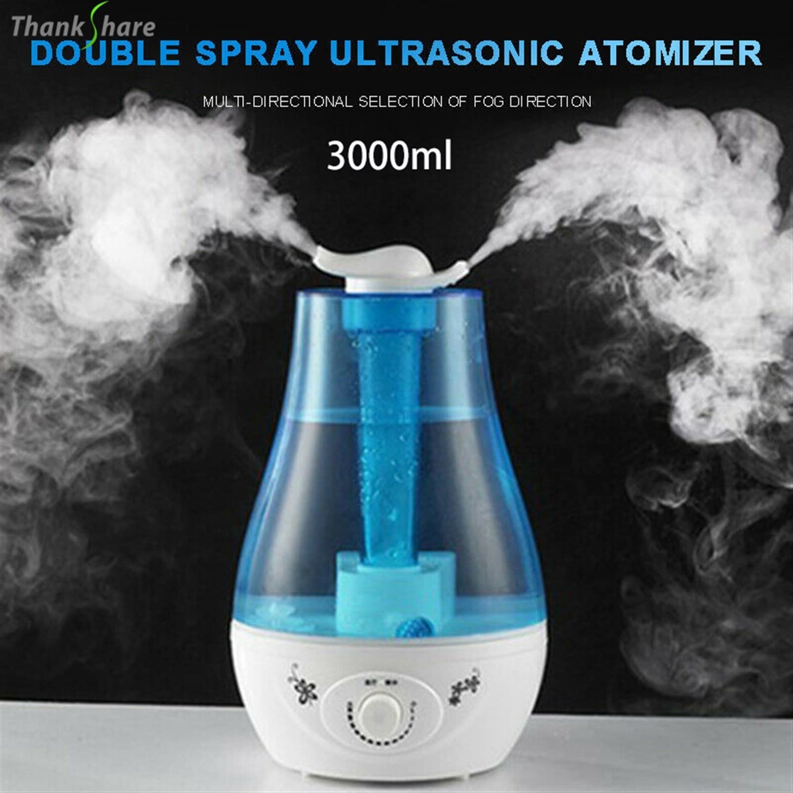 Nawilżacz 3000ML ultradźwiękowy nawilżacz powietrza podwójne rozpylacze mgła Mist Maker dyfuzor olejków eterycznych 7 kolorów LED zapachowy aromaterapia(Blue)