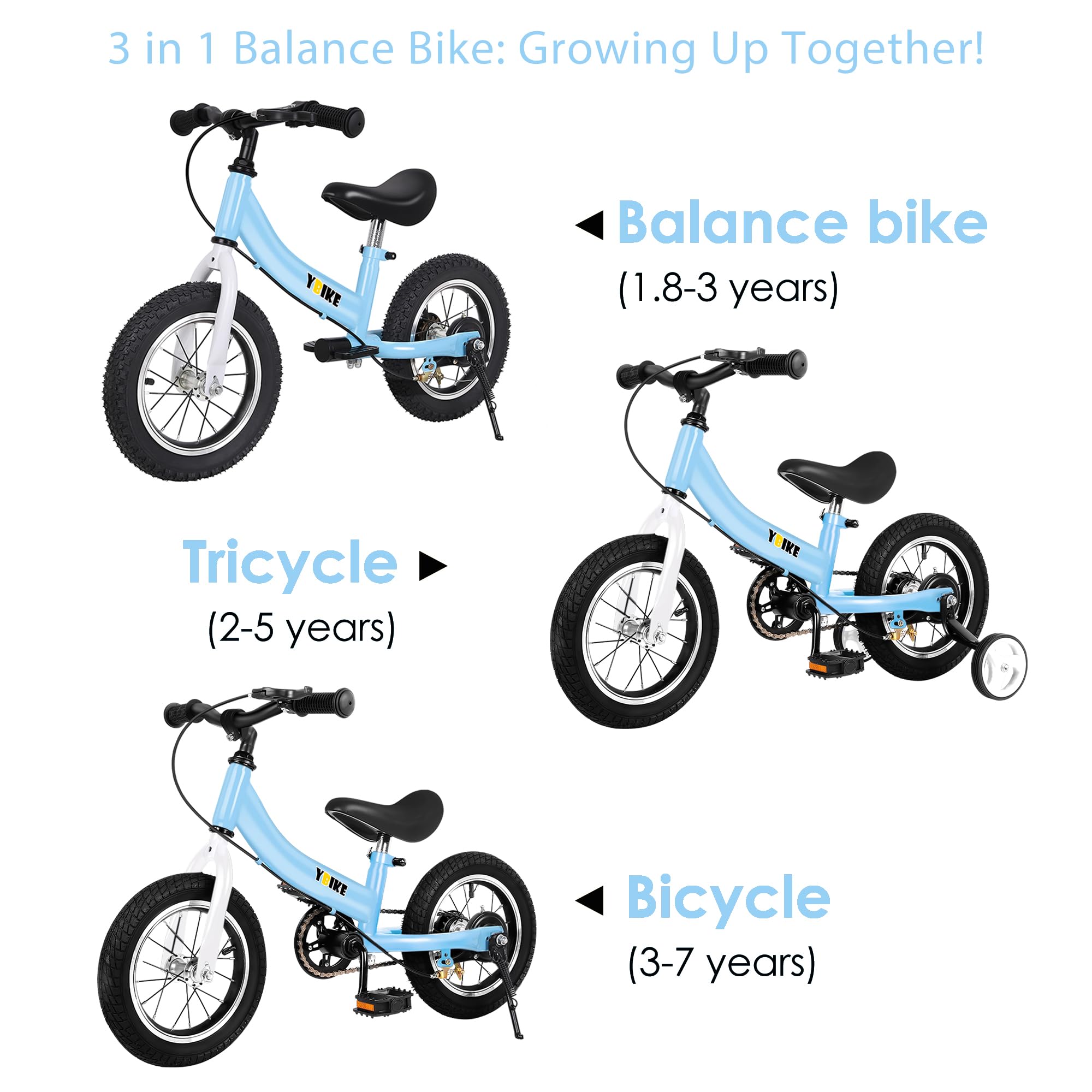 Ybike 2 in 1 Bicicletta Senza Pedali,Funzione a Doppio Uso Bici Senza Pedali, Adatto Per Bambini da 2 a 7 Anni, 12, 14, 16 Pollici Con Freno, Pedale, Teoria Di Formazione