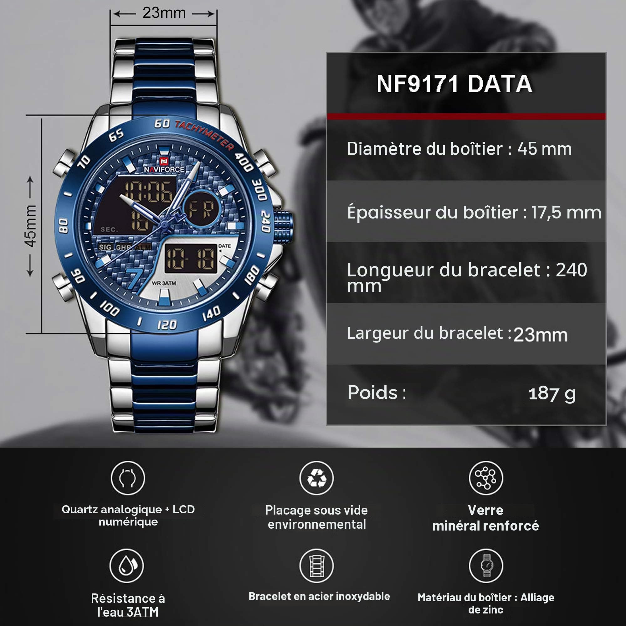 NAVIFORCE Montre à quartz analogique et numérique multifonction pour homme avec chronographe, double fuseau horaire, fonction snooze SIG